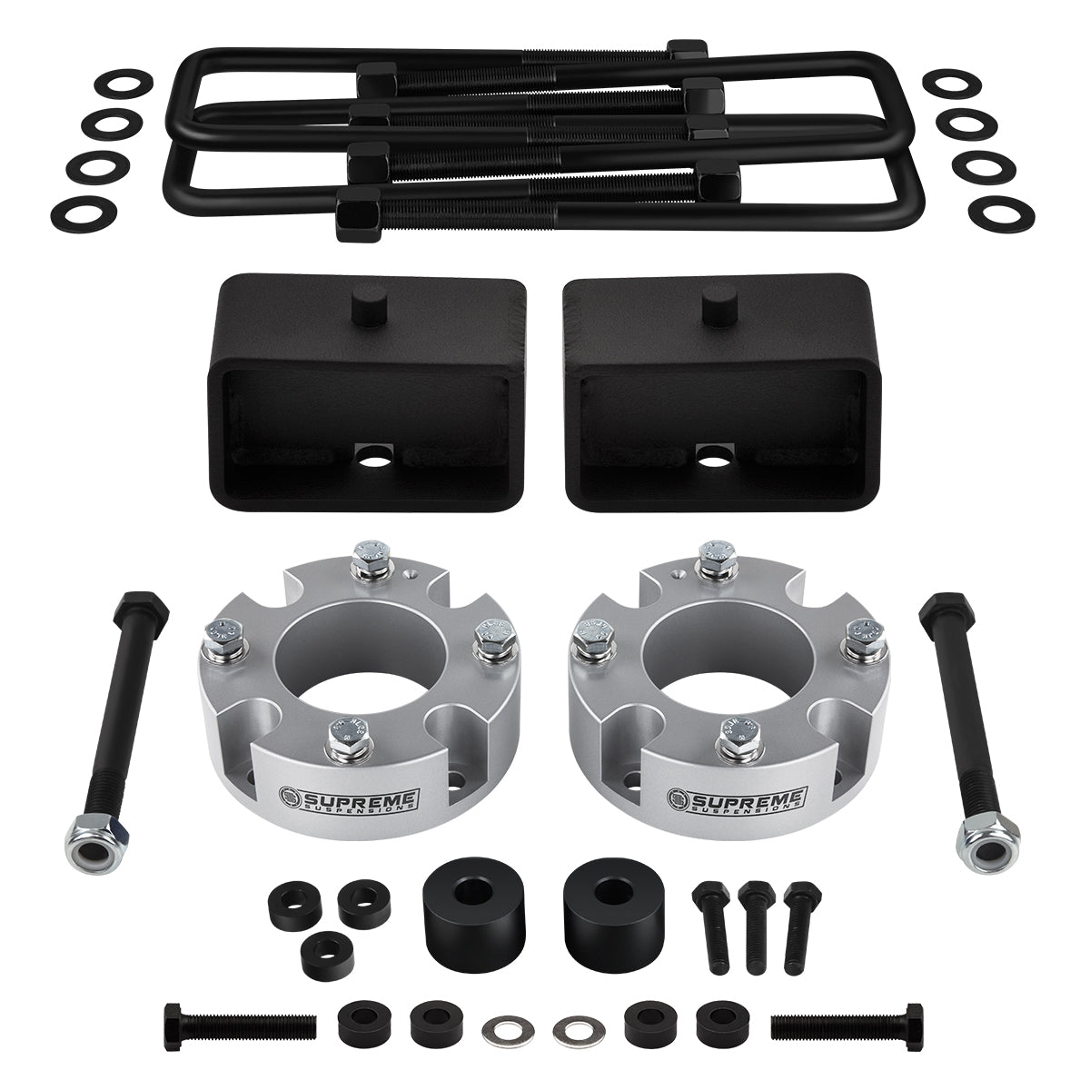 2007-2021 Toyota Tundra Full Suspension Lift Kit 4WD HD BLOCKS / Carrier Bearing Drop + Diff Drop Front Lift 3" + Rear Lift 3" with Built-In Taper / Silver