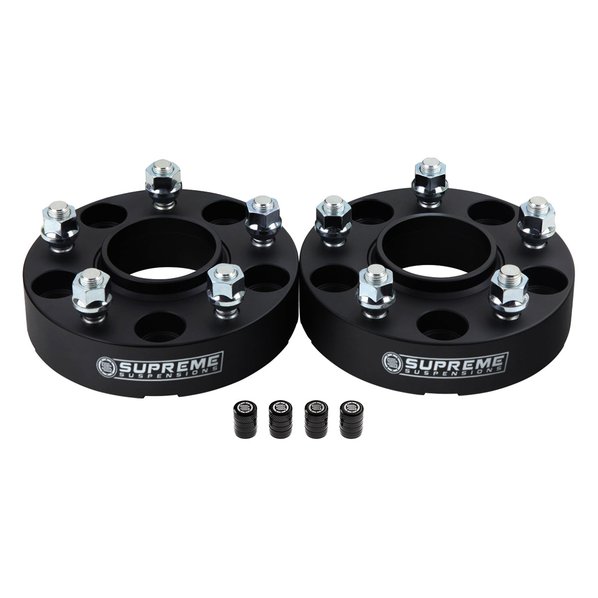 Hub Centric Wheel Spacers Jeep WJ WK JK / 5x5" BP 1/2"x20 Studs + Valve Caps 1.25" Black 2pc