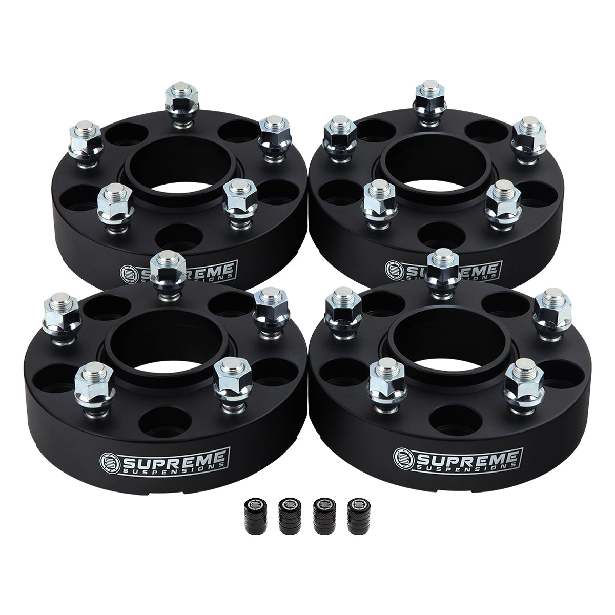 Hub Centric Wheel Spacers Jeep WJ WK JK / 5x5" BP 1/2"x20 Studs + Valve Caps 1.25" Black 4pc