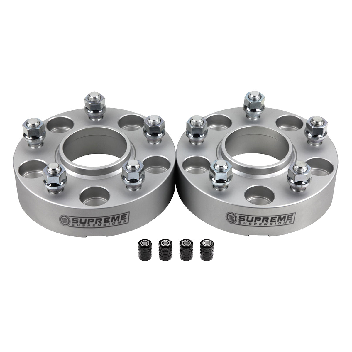 Hub Centric Wheel Spacers Jeep WJ WK JK / 5x5" BP 1/2"x20 Studs + Valve Caps 1.25" Silver 2pc