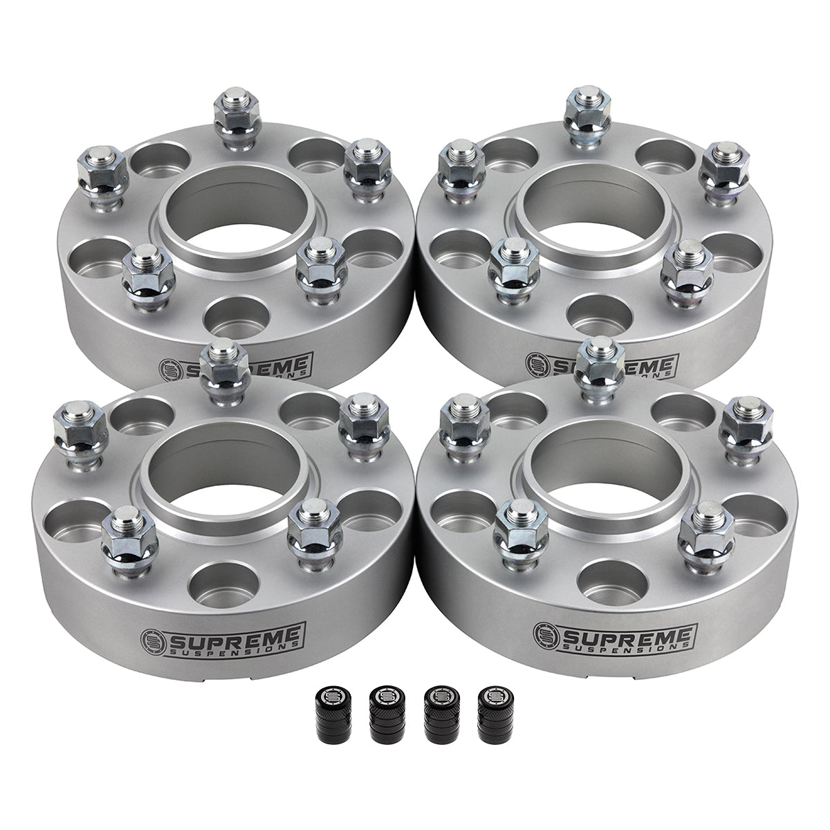 Hub Centric Wheel Spacers Jeep WJ WK JK / 5x5" BP 1/2"x20 Studs + Valve Caps 1.25" Silver 4pc