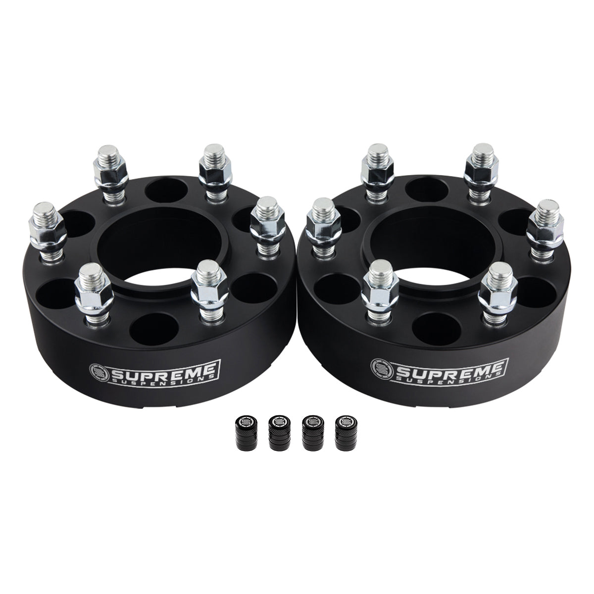 Hub Centric Wheel Spacers FORD / LINCOLN BP 6x135mm M14x2 Studs + Tire Valve Caps 1.5" Black 2pc