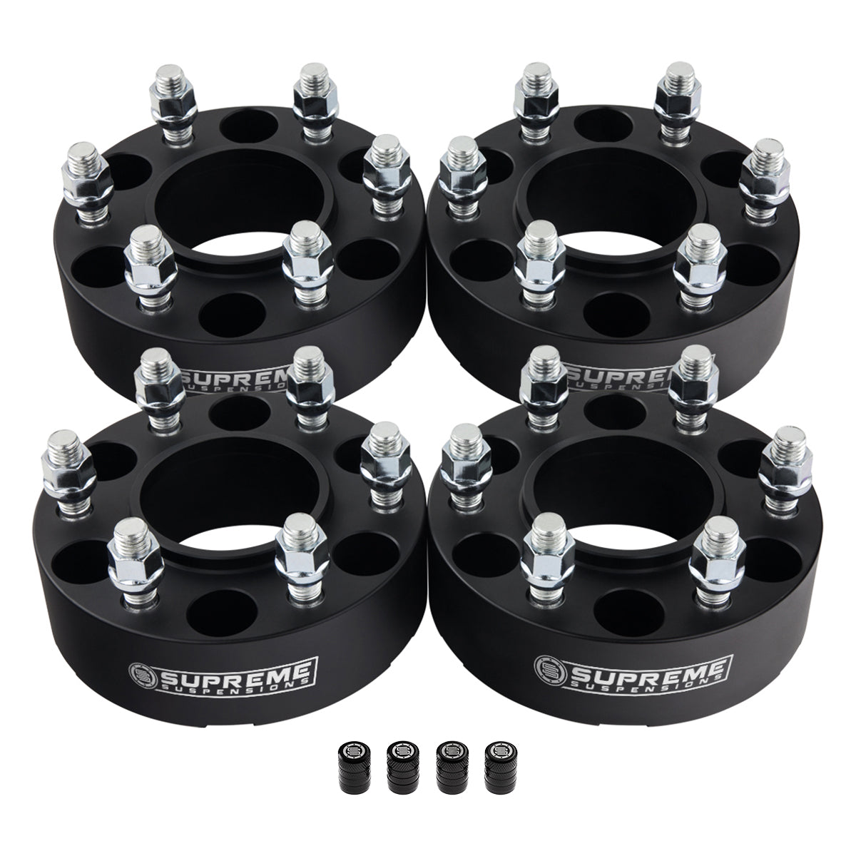 Hub Centric Wheel Spacers FORD / LINCOLN BP 6x135mm M14x2 Studs + Tire Valve Caps 1.5" Black 4pc