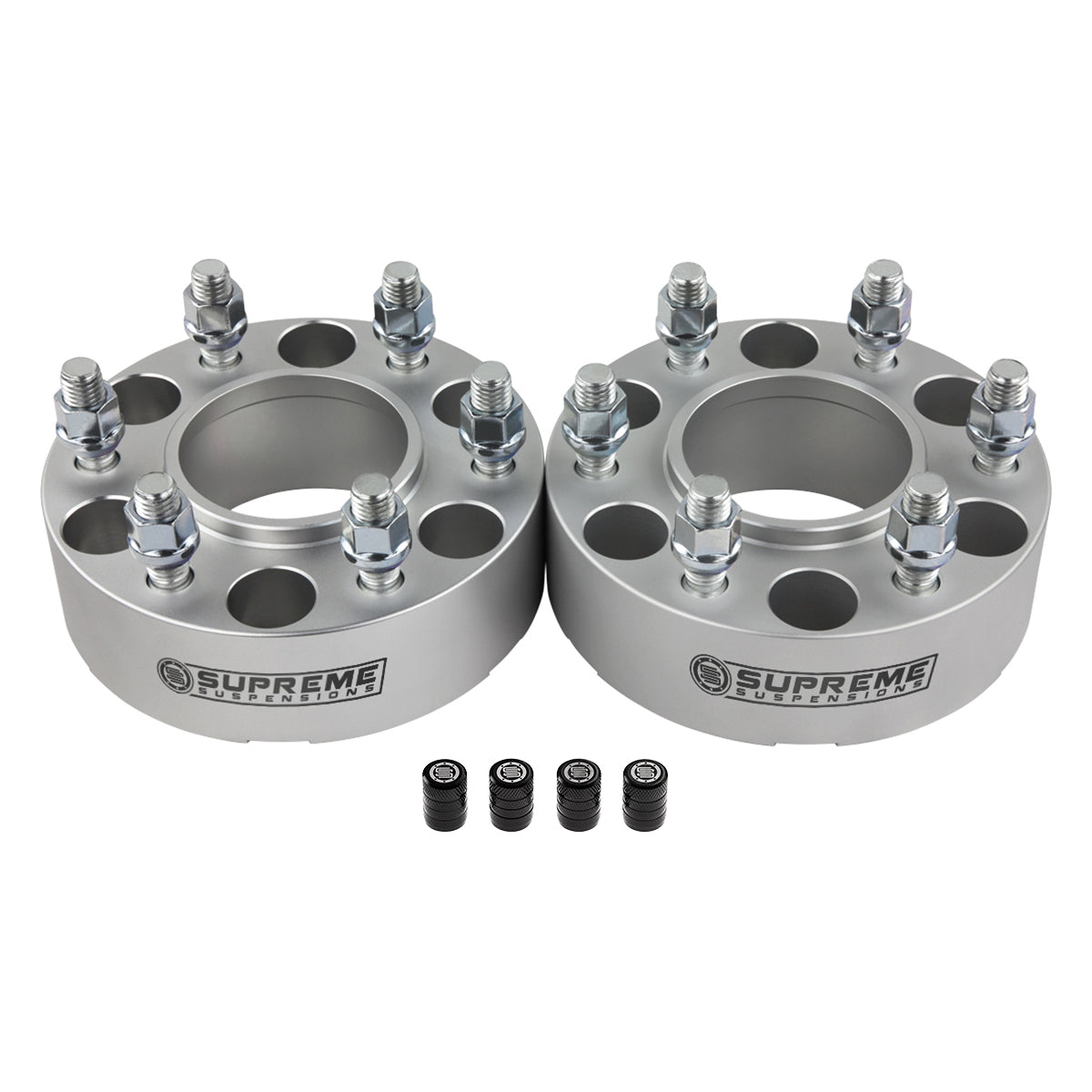 Hub Centric Wheel Spacers FORD / LINCOLN BP 6x135mm M14x2 Studs + Tire Valve Caps 1.5" Silver 2pc