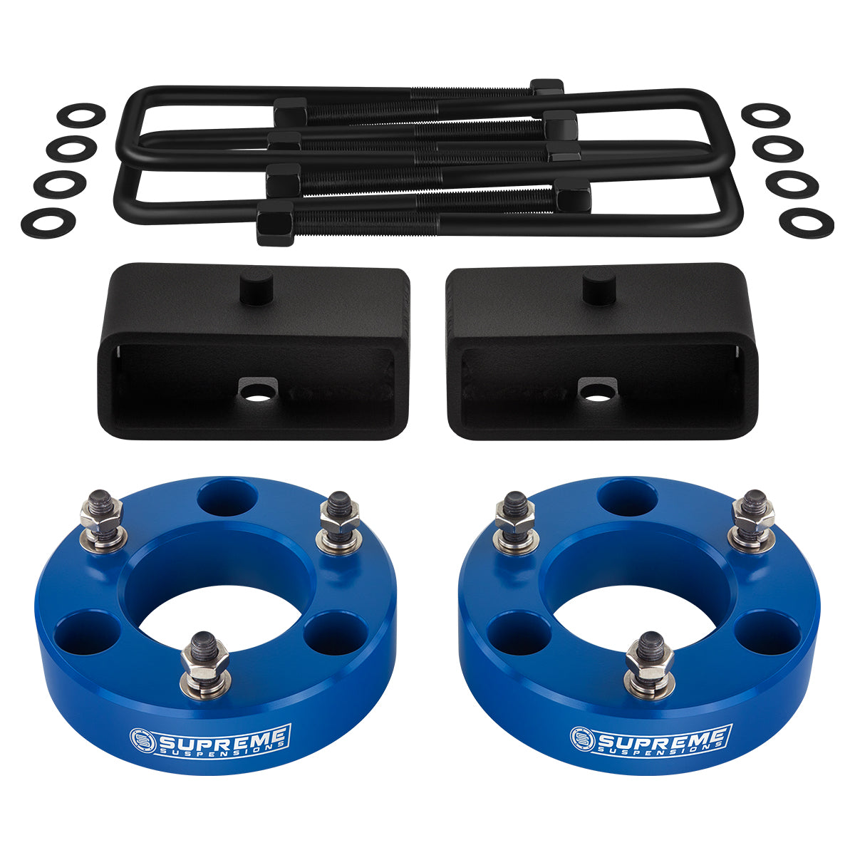 2007-2019 Chevy Silverado 1500 Full Suspension Lift Kit 2WD 4WD / SUPREME'S NEW HD STEEL LIFT BLOCKS! Blue Front Lift 3" + Rear Lift 2" with Built-In Taper