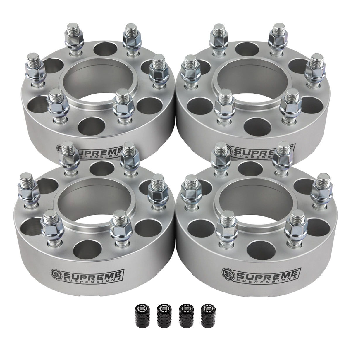 Hub Centric Wheel Spacers FORD / LINCOLN BP 6x135mm M14x2 Studs + Tire Valve Caps 1.5" Silver 4pc