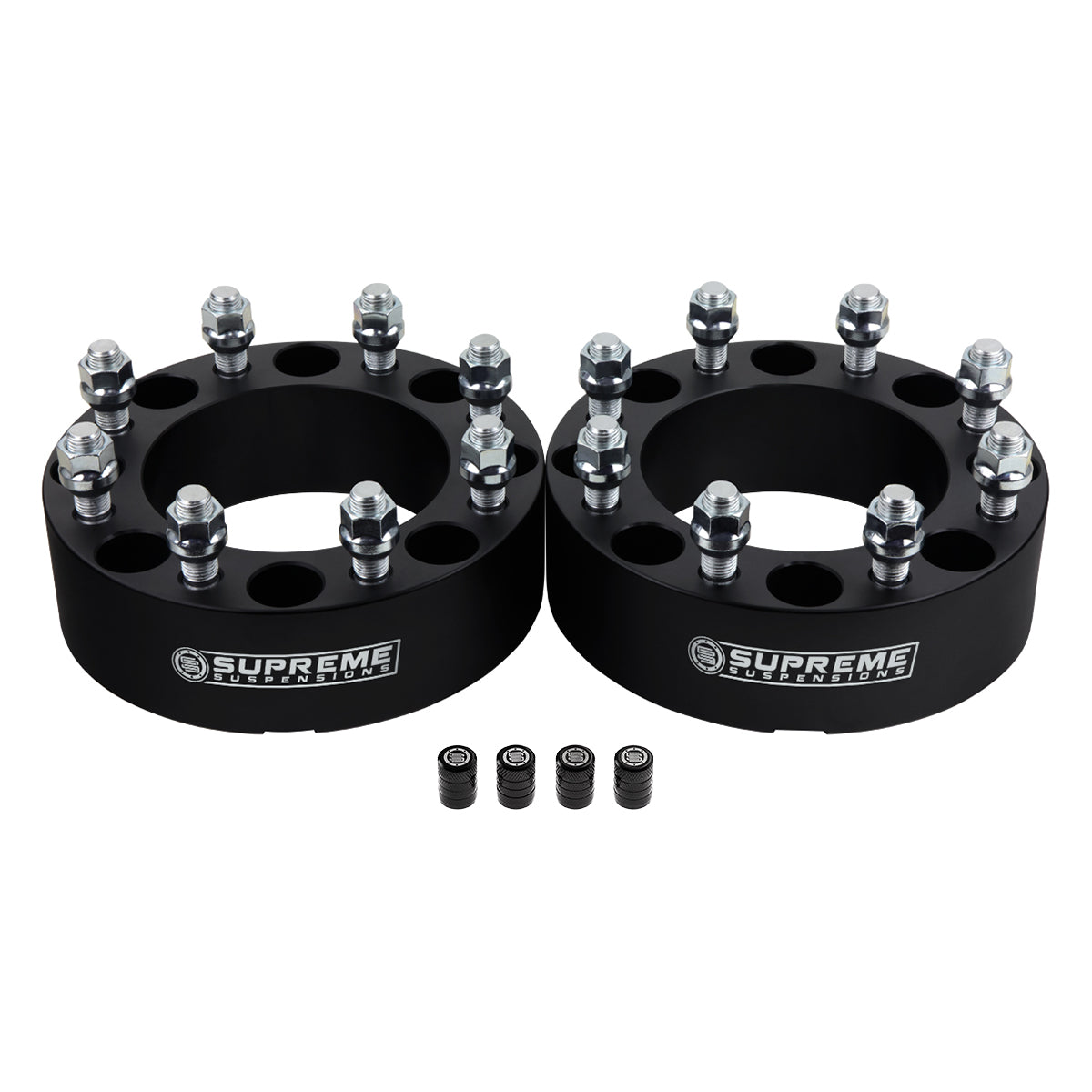 Wheel Spacers Set DODGE RAM 2500 3500 8x6.5" BP / 9/16"x18 Studs + Tire Valve Caps 1.5" Black 2pc