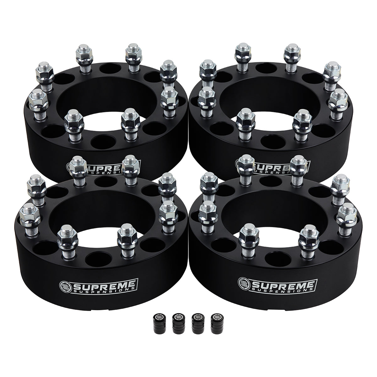 Wheel Spacers Set DODGE RAM 2500 3500 8x6.5" BP / 9/16"x18 Studs + Tire Valve Caps 1.5" Black 4pc