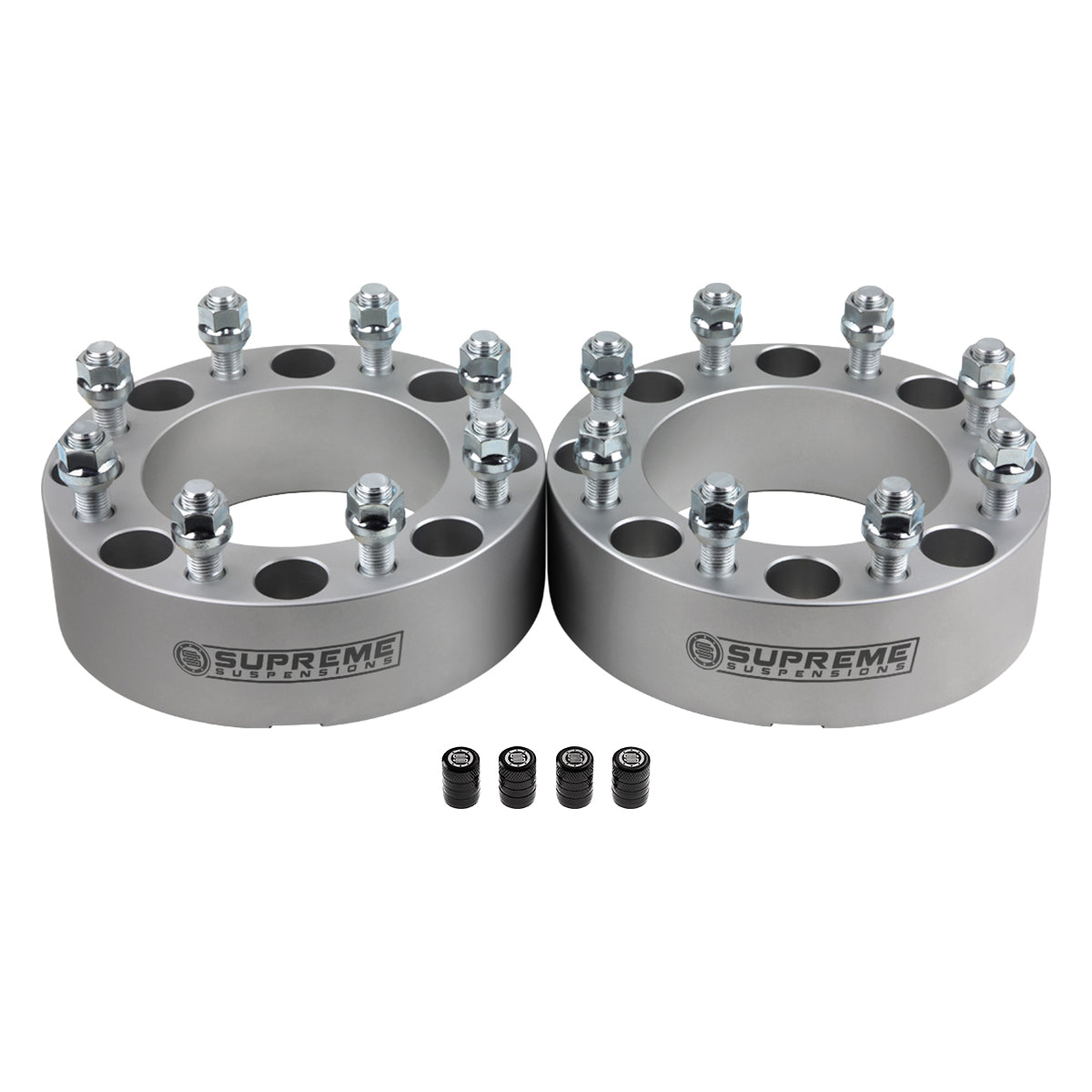 Wheel Spacers Set DODGE RAM 2500 3500 8x6.5" BP / 9/16"x18 Studs + Tire Valve Caps 1.5" Silver 2pc