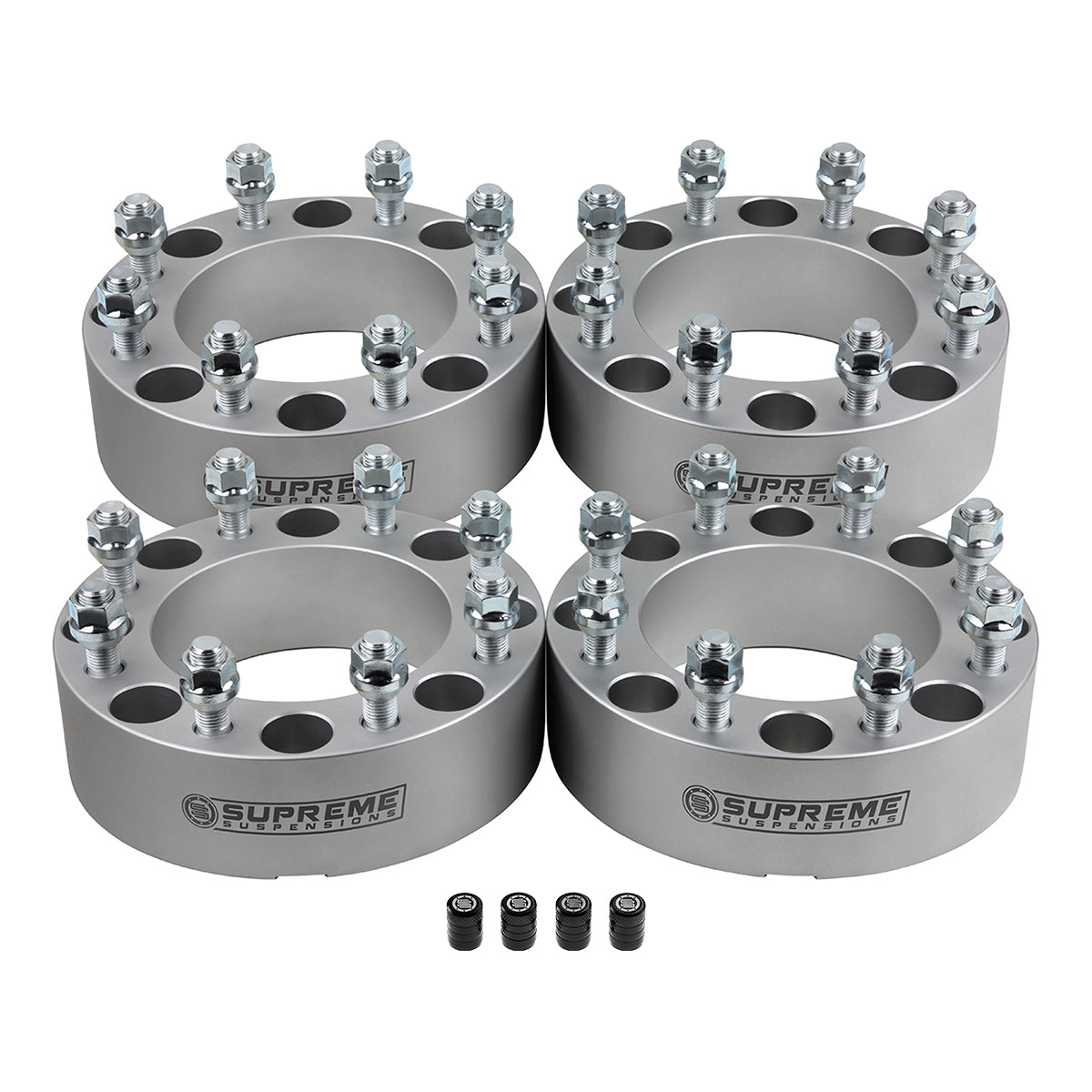 Wheel Spacers Set DODGE RAM 2500 3500 8x6.5" BP / 9/16"x18 Studs + Tire Valve Caps 1.5" Silver 4pc