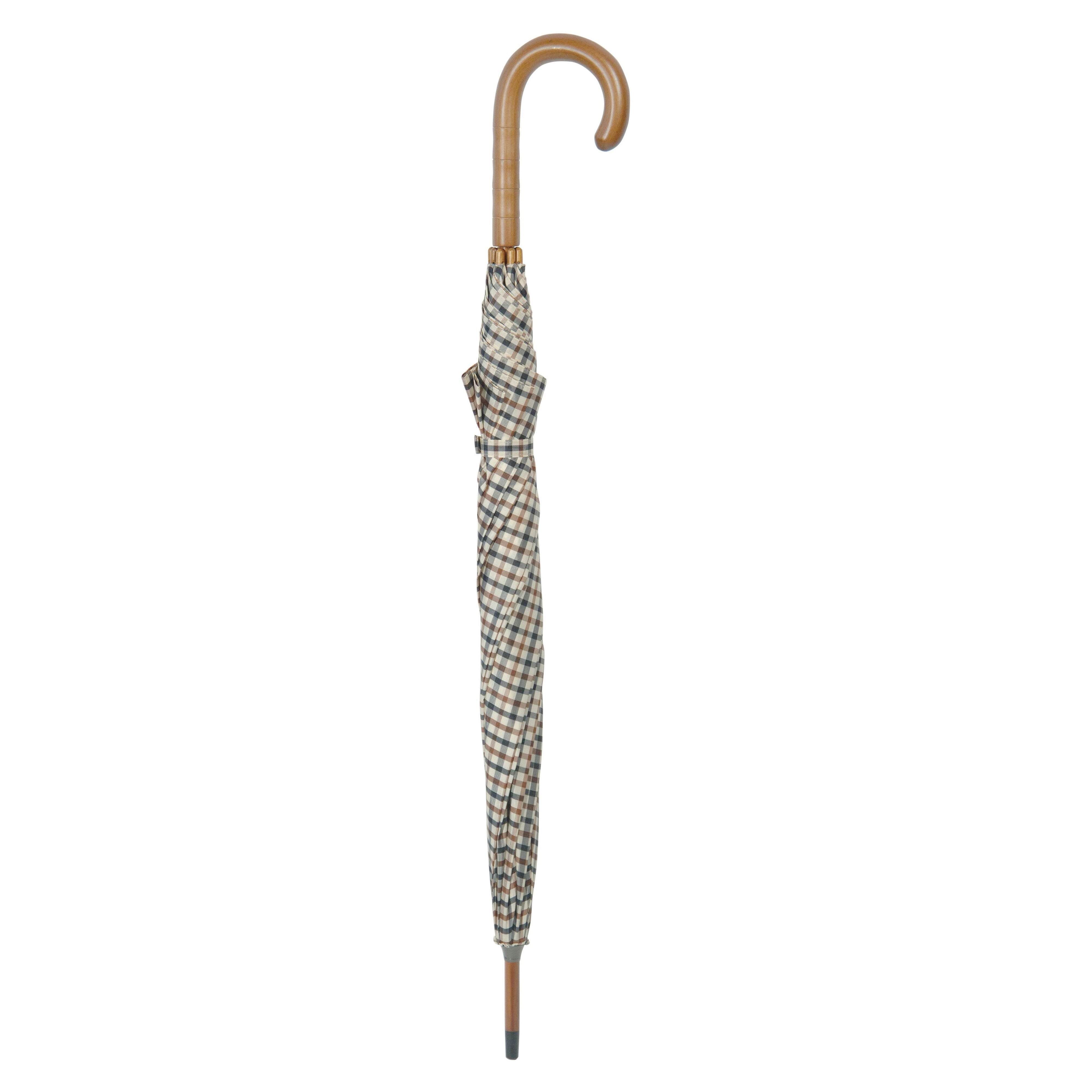 Wooden Crook Handle Umbrella Walking Stick in Cream-Brown-Blue Check