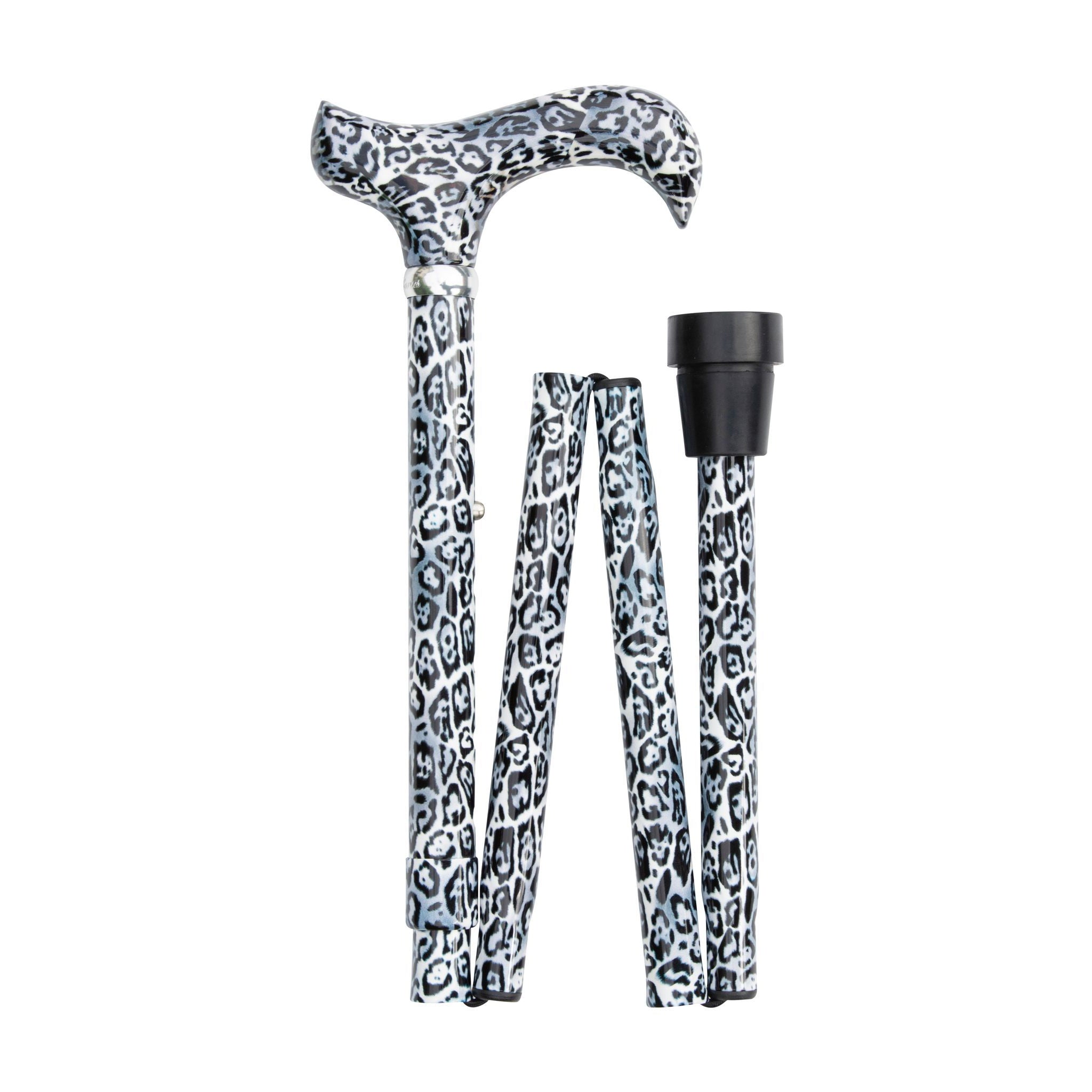 Snow Leopard Design Folding Adjustable Cane with Derby Handle