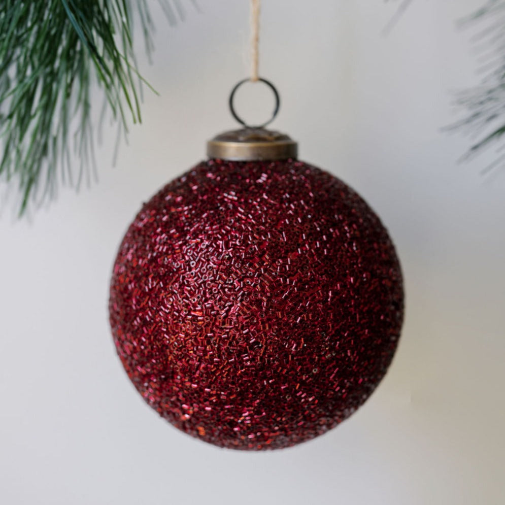 4" Beaded Bordeaux Glass Ornament