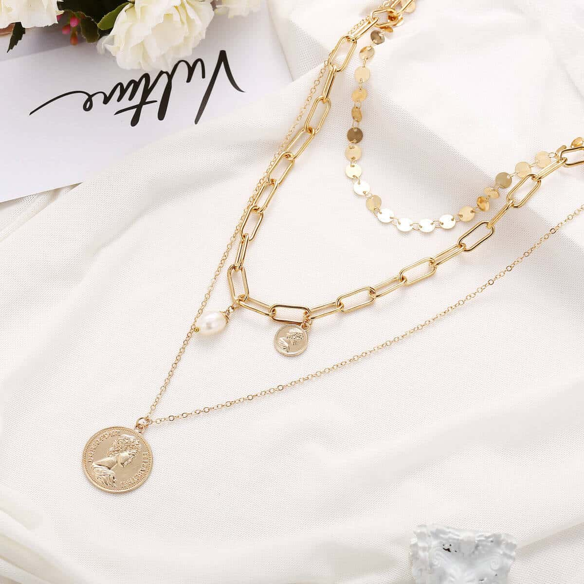 Retro Human Head Pearl Pendant Multilayer Necklace