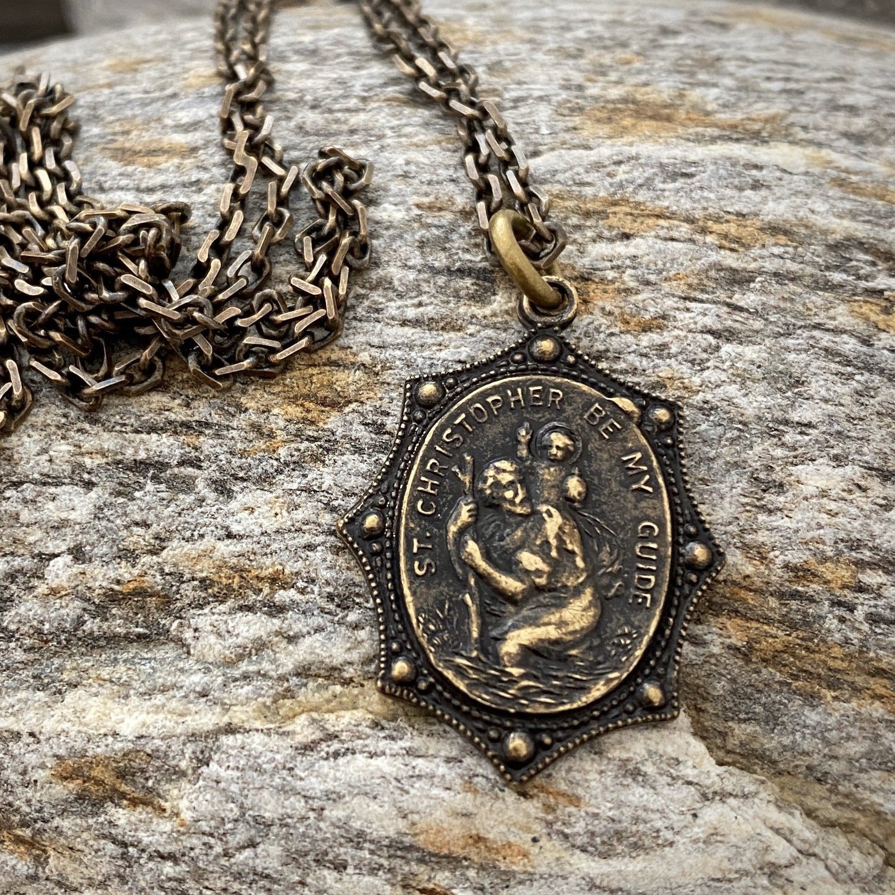 Men's Necklace, Vintage Style St. Christopher, Protection, Protect Us, Patron of travelers, 20 or 24 inches, Antiqued Brass, BR-008