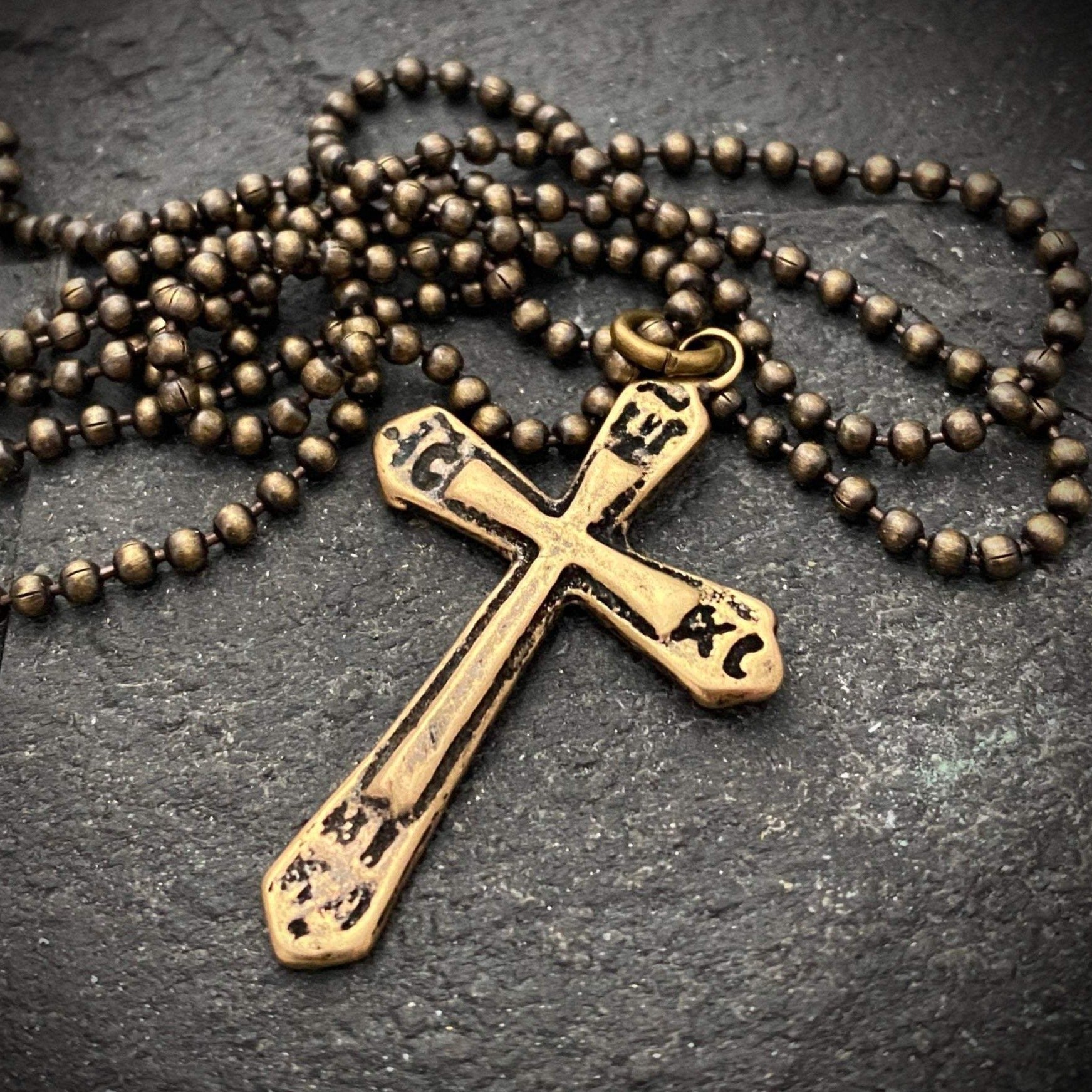 Ancient Antique Bronze Cross on Men's Brass Bead Chain, Unisex Necklace, Antiqued Medieval Cross, Men's Fashion, BR-029