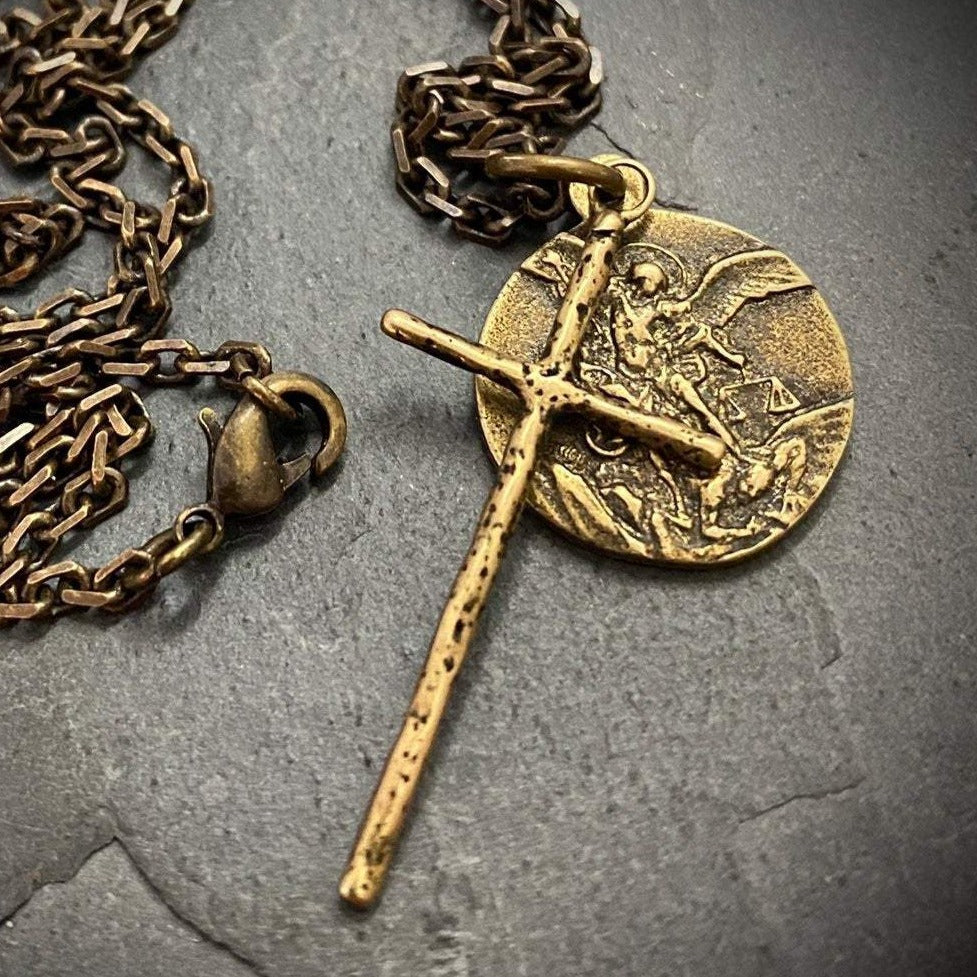 Men's Necklace, Archangel St. Michael Vintage Style Catholic Medal with Cross, Antiqued Brass Unisex Jewelry, 20 or 24 Inch Chain, BR-034