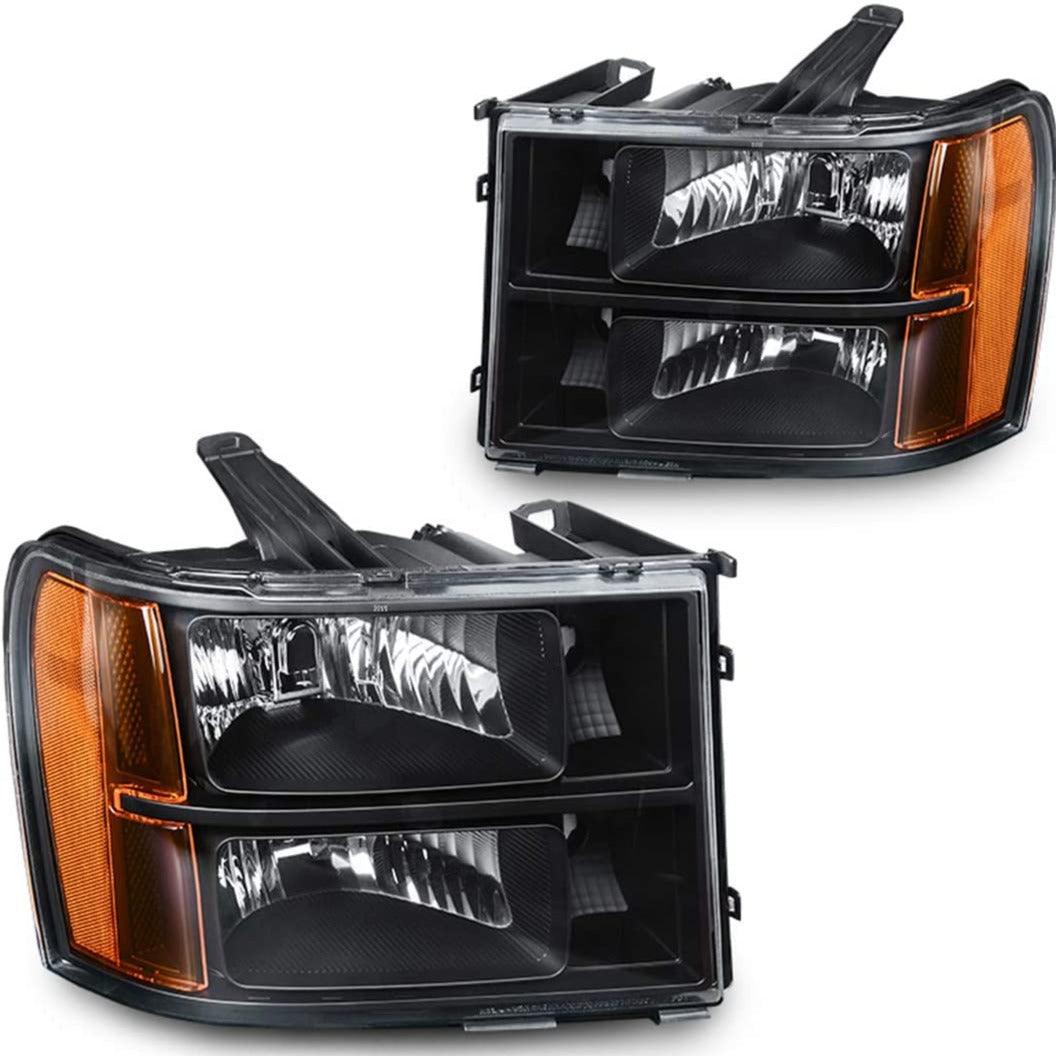 YITAMOTOR 07-13 GMC Sierra 1500/07-14 Sierra 2500HD 3500HD Headlight Assembly Headlamps Black Housing Amber Reflector