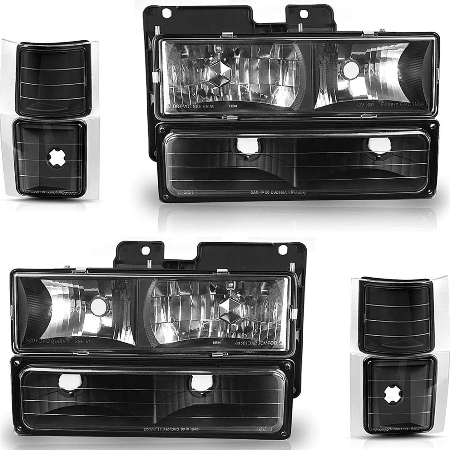 YITAMOTOR Headlight Assembly Compatible with 1994-1999 Chevy C/K Series 1500 2500 3500/Tahoe/Suburban/Silverado Crystal Headlamp w/Corner & Bumper Lights Black Housing