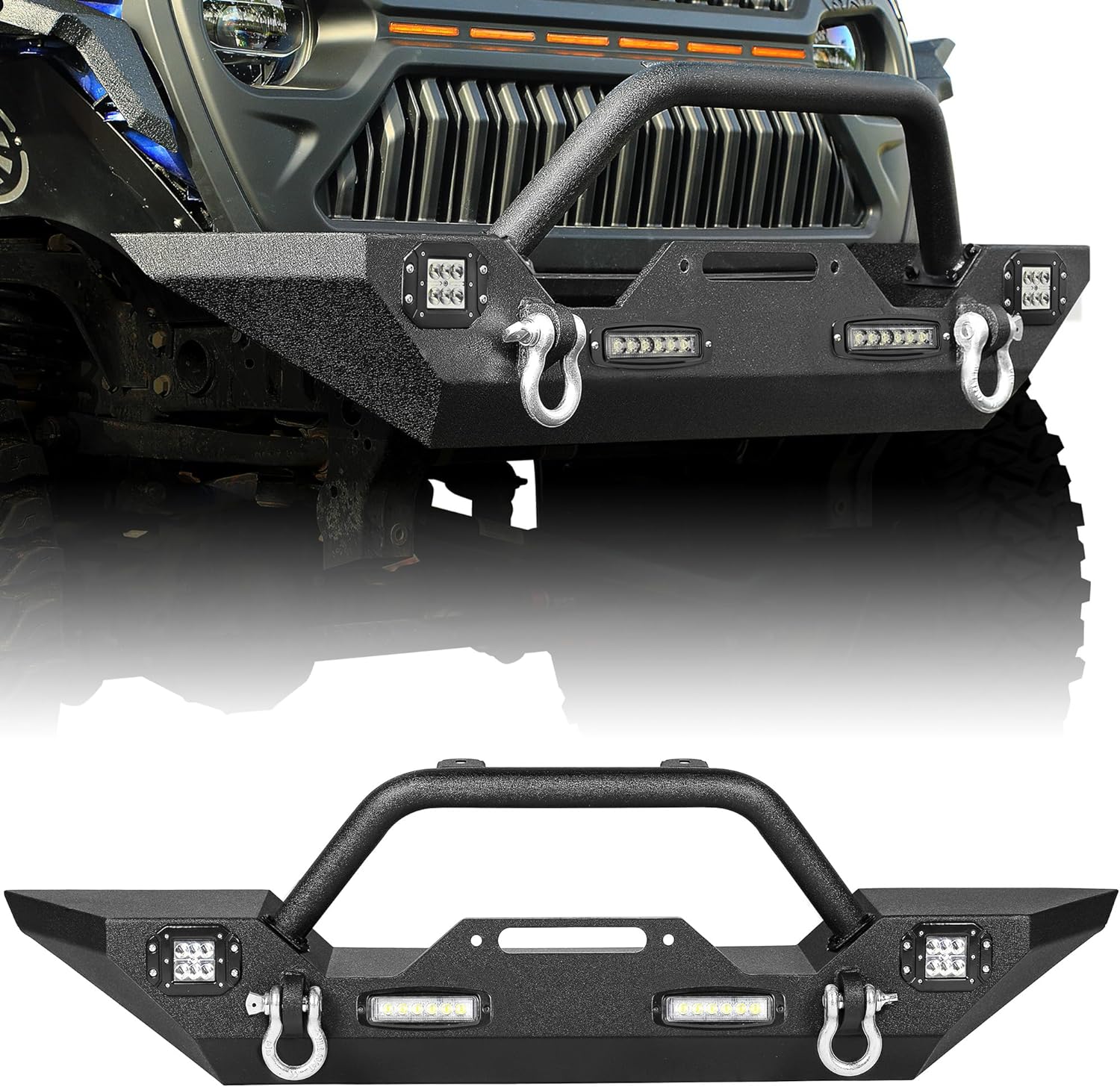 YITAMOTOR 18-24 Jeep Wrangler JL/ 20-23 Jeep Gladiator Rock Crawler Front Bumper w/ LED Lights & D-Rings