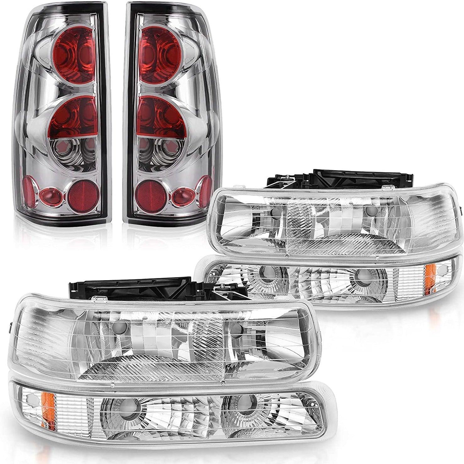 YITAMOTOR 1999-2002 Chevy Silverado Chrome Housing Replacement Headlights + Clear Lens Taillights Combo