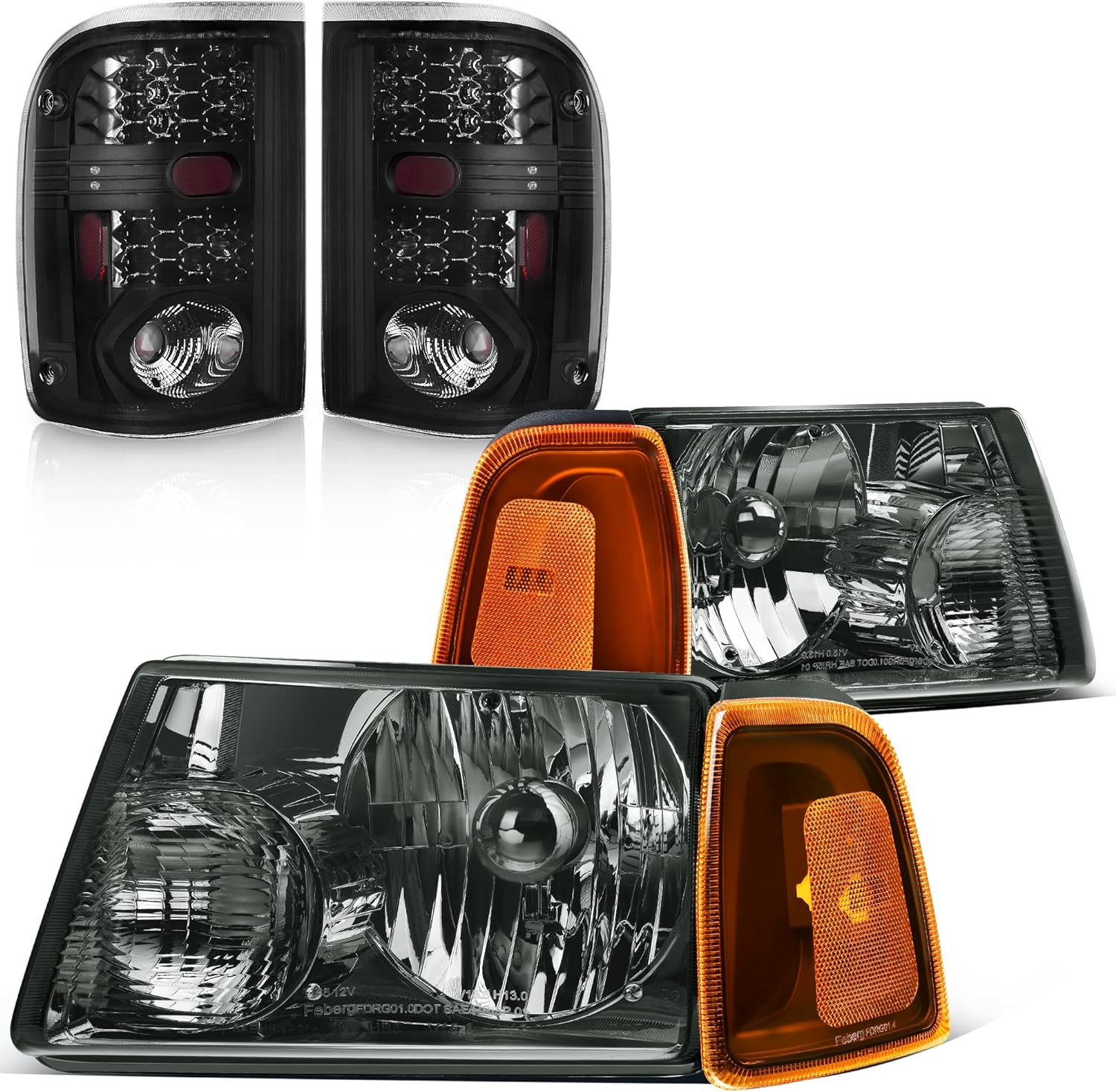 YITAMOTOR Headlight Assembly Taillights Combo Compatible with Ford Ranger 2001-2005 Smoke Housing Replacement Headlights + Smoke Lens Tail Lights