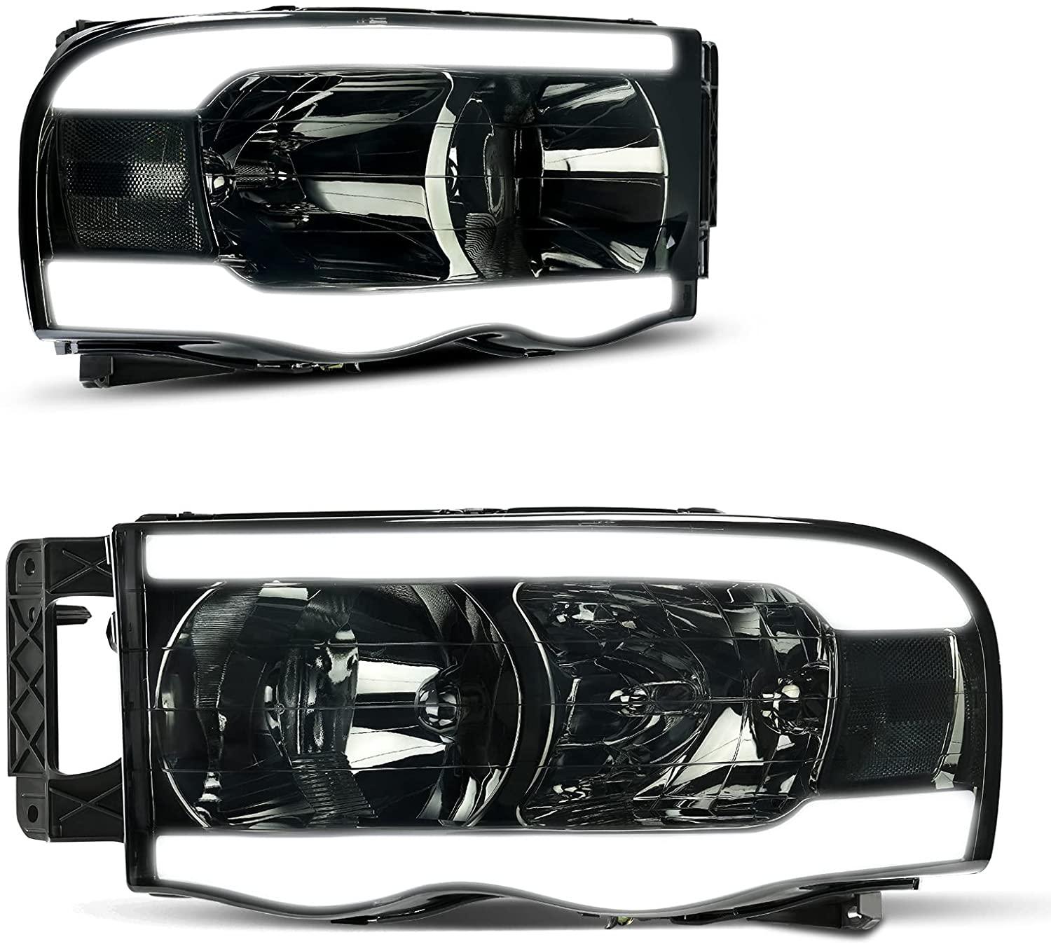 YITAMOTOR LED Tube Headlights Assembly For 2002-2005 Dodge Ram 1500/2003-2005 Dodge Ram 2500 3500 DRL Headlight Headlamp Replacement Pair Smoke Lens