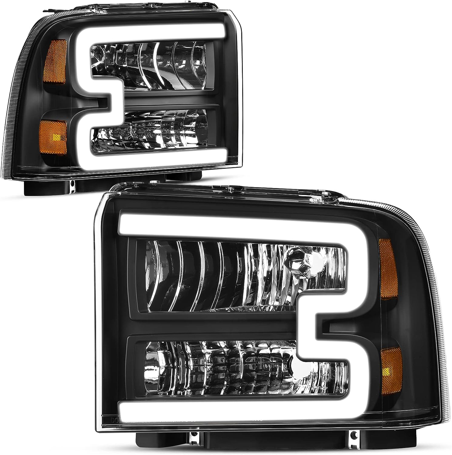 YITAMOTOR LED DRL Headlight Assembly For 2005-2007 Ford F-250 F-350 F-450 F-550 Super Duty / 2005 Ford Excursion Headlamp Replacement Pair Black Housing Headlights