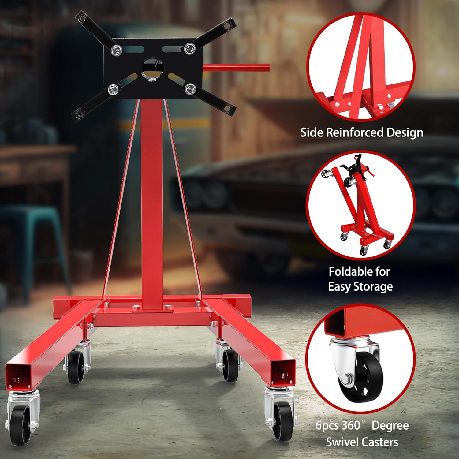 Engine Stand, 1250lbs Capacity Engine Motor Stand with 360 Degree Rotating Head, Heavy-Duty Engine Lift Stand with 6 Swivel Casters, 4 Adjustable Arms, Red