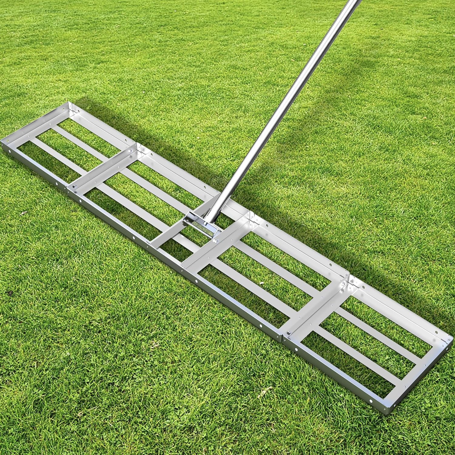 Adjustable 30'' x 10'' - 48'' x 10'' Lawn Leveling Rake, 6.5 FT Lawn Leveler Ground Tool, Heavy Duty Full Stainless Steel Rake for Garden, Backyard, Golf Couse, Farm, Pasture