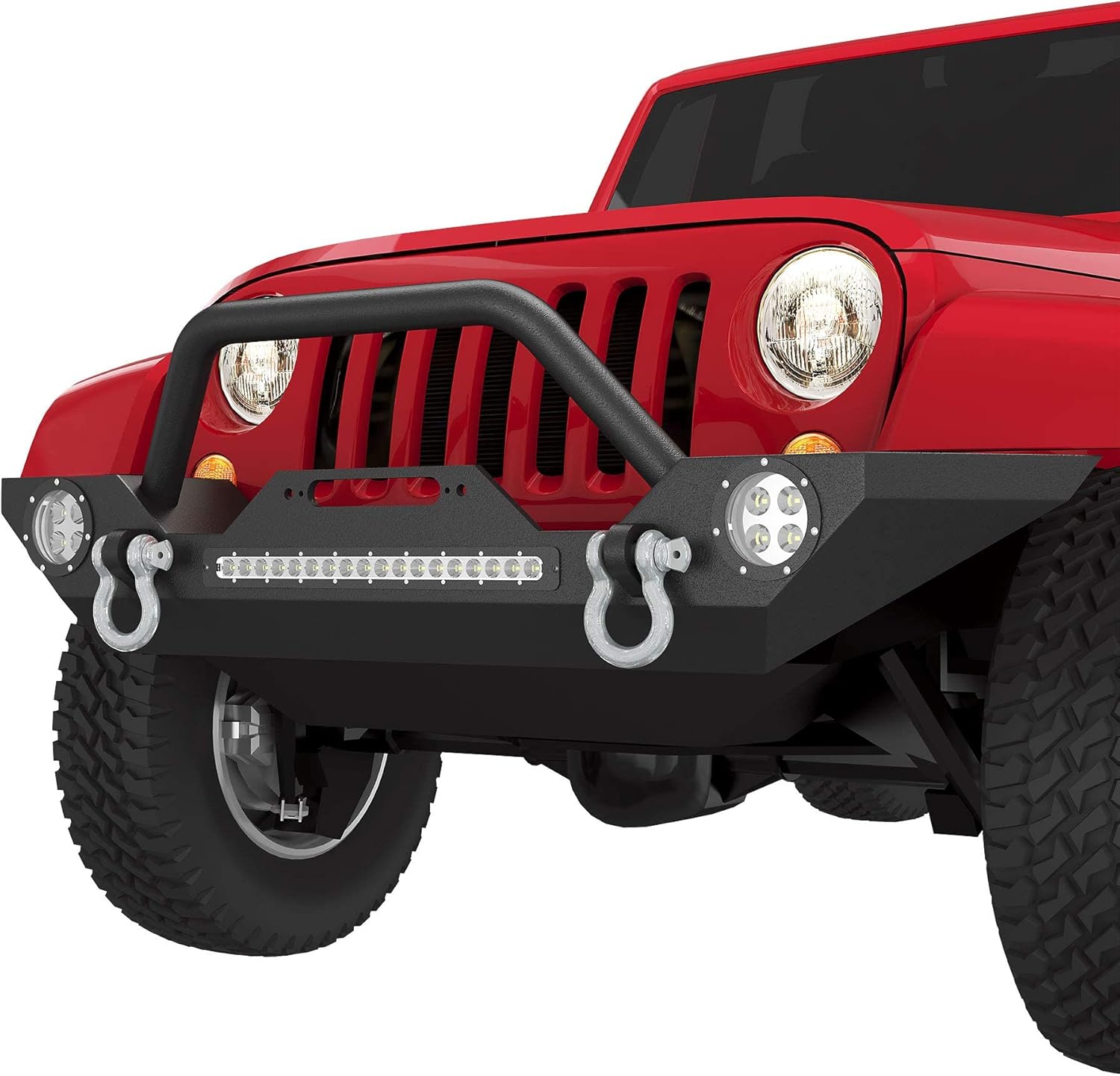 YITAMOTOR  Rock Crawler Front Bumper Compatible with 07-18 Jeep Wrangler JK and JK Unlimited, Built-in 90W LED Light Bar w/ 2x 60W Fog Light, Wiring Harness, Winch Plate and D-rings Textured Black