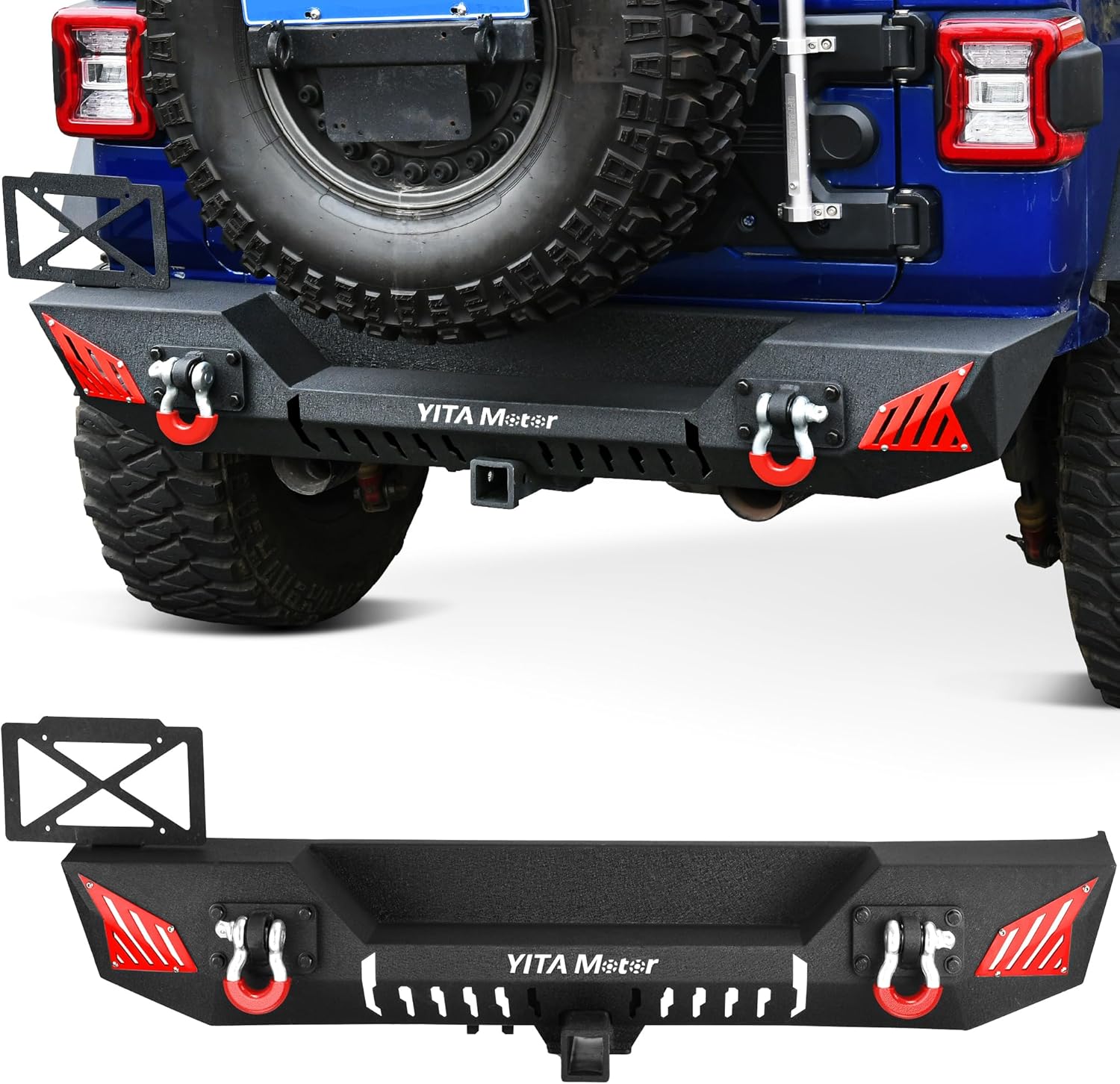 YITAMOTOR Rear Bumper Compatible with 2018-2024 Jeep Wrangler JL & JL Unlimited (2/4 Doors), w/ 2" Hitch Receiver & 2 x D-Rings & License Plate Bracket