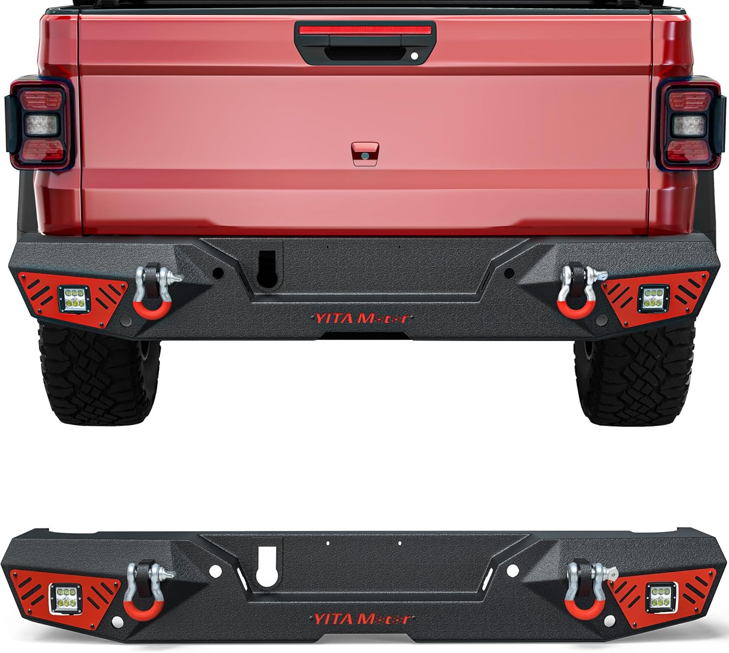 YITAMOTOR Rear Bumper Fits 2020-2023 Jeep Gladiator JT, Off-road Truck Back Step Bumper w/ 2x Square LED Lights, D-Rings & Paintable Armor