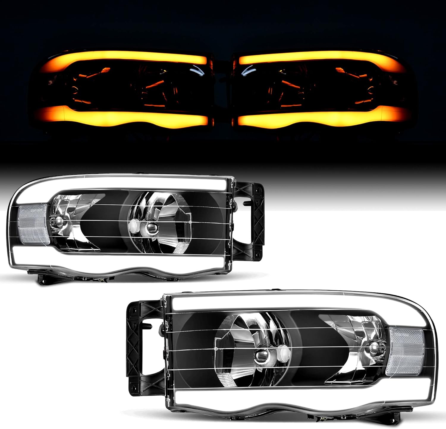 YITAMOTOR Switchback Turn Signal & LED DRL Headlights Headlamps Compatible with 2002 2003 2004 2005 Dodge Ram 1500/03 04 05 Dodge Ram 2500 3500 Pickup Black Housing Clear Reflector Clear Lens