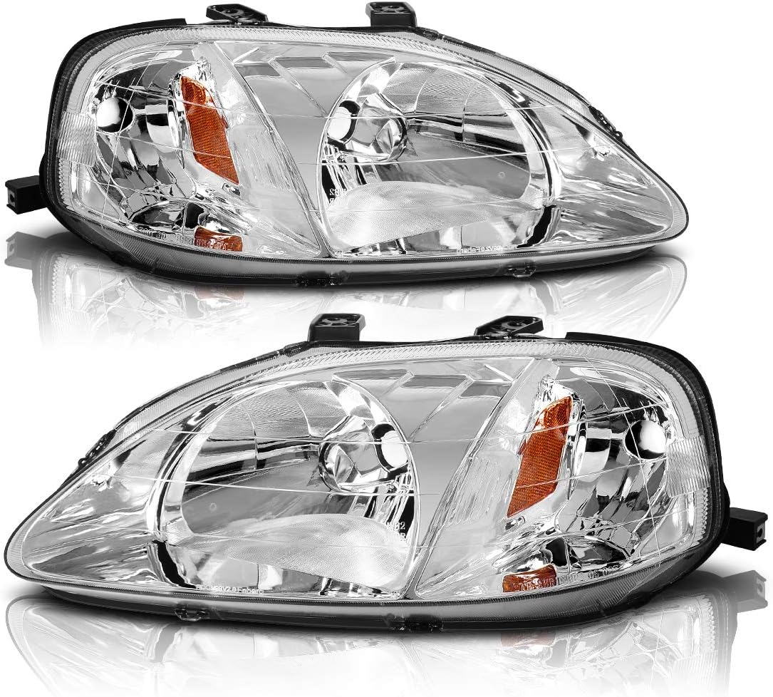 YITAMOTOR Headlight Assembly Compatible with 1999 2000 Honda Civic Chrome Housing Headlamp 33151-S01-A02 33101-S01-A02