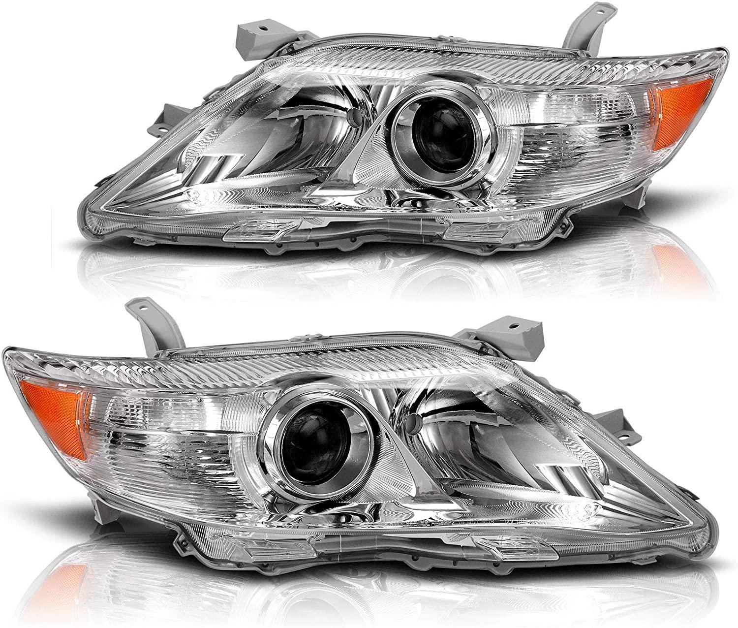 YITAMOTOR Headlights Assembly Compatible with 2010 2011  Toyota Camry Hybrid Headlamp Replacement Pair Driver and Passenger Side Chrome Housing Amber Reflector Headlight