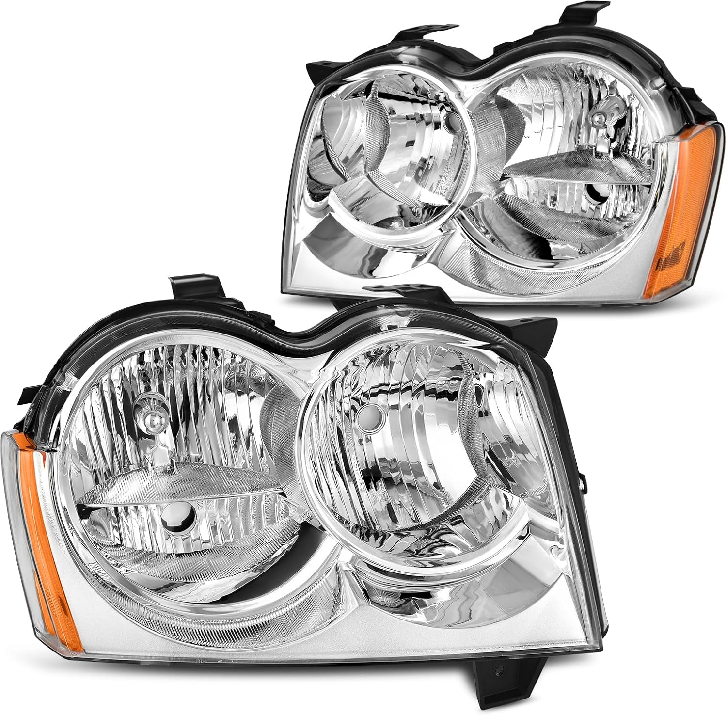 YITAMOTOR Headlight Assembly Compatible with 2005 2006 2007 Jeep Grand Cherokee Headlamp Passenger and Driver Side Chrome Housing Clear Lens Amber Reflector