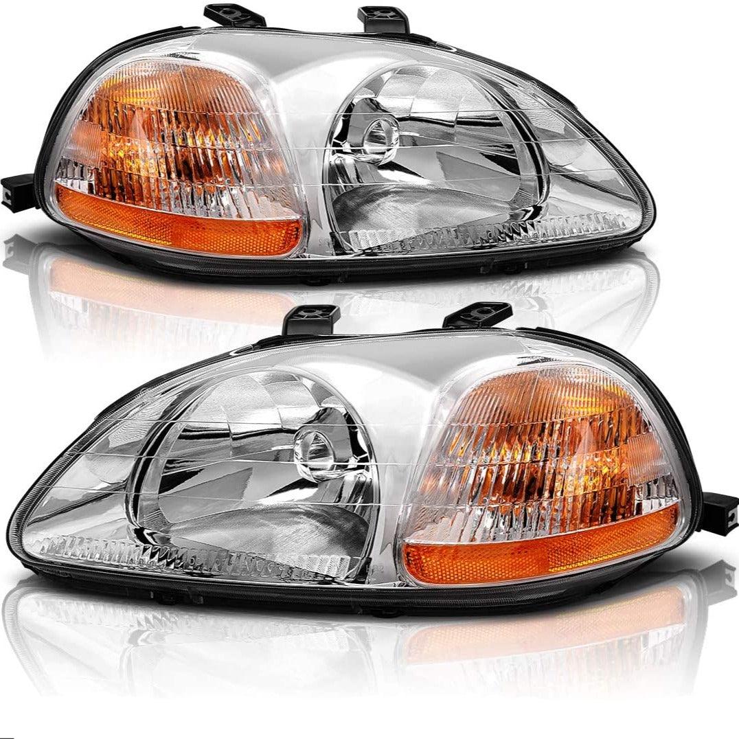 YITAMOTOR Headlight Assembly Compatible with 1996-1998 Honda Civic Chrome Housing Amber Reflector Clear Lens