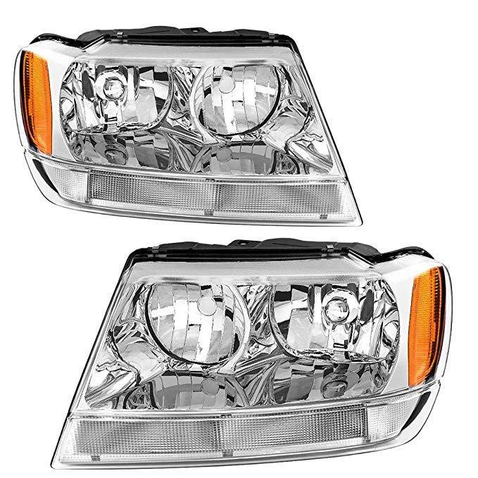 YITAMOTOR Headlight Assembly Compatible with 1999-2004 Jeep Grand Cherokee Headlamp Chrome Housing Amber Reflector Clear Lens Driver and Passenger Side