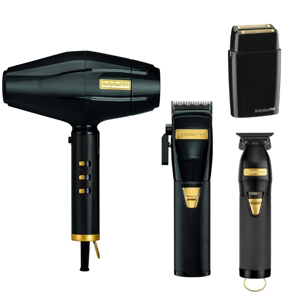 BaBylissPRO BlackFX Clipper, Outlining Skeleton Trimmer, Double Foil Shaver & Dryer Combo