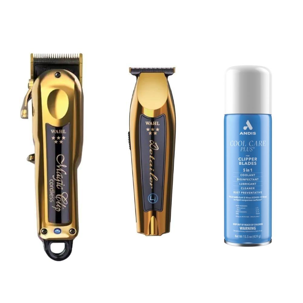 Wahl Gold Cordless Magic Clip & Gold Cordless Detailer Trimmer with Andis Cool Care