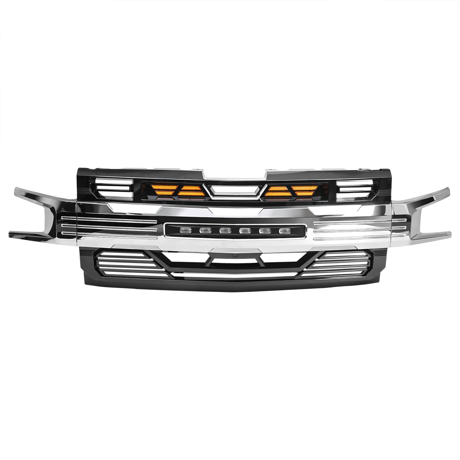 Armor Grille W/ Off-Road Lights - Chrome Glossy Black For 2019-2021 Chevy Silverado 1500