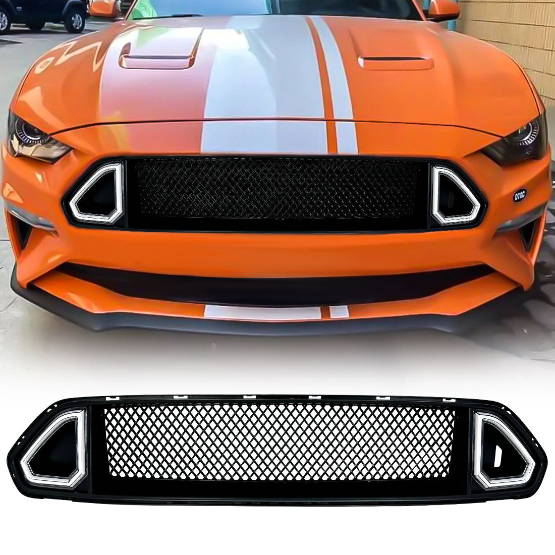 Front Mesh Upper Grille w/ LED DRL Turn Signal Light for 2018 - 2021 Ford Mustangs