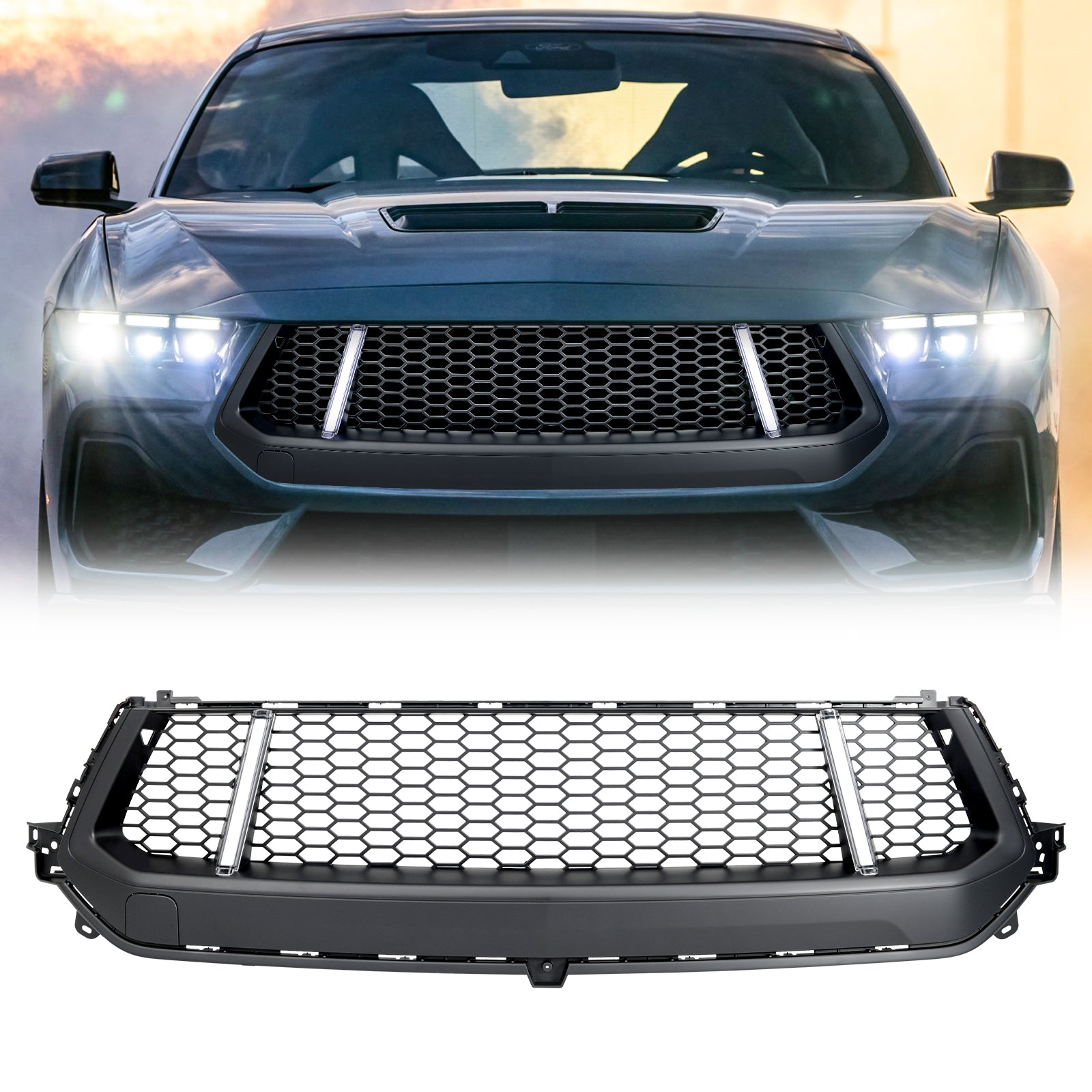 GT Style Front Upper Grille with LED DRL and Turn Signals - Matte Black for 2024+ Ford Mustang EcoBoost & GT