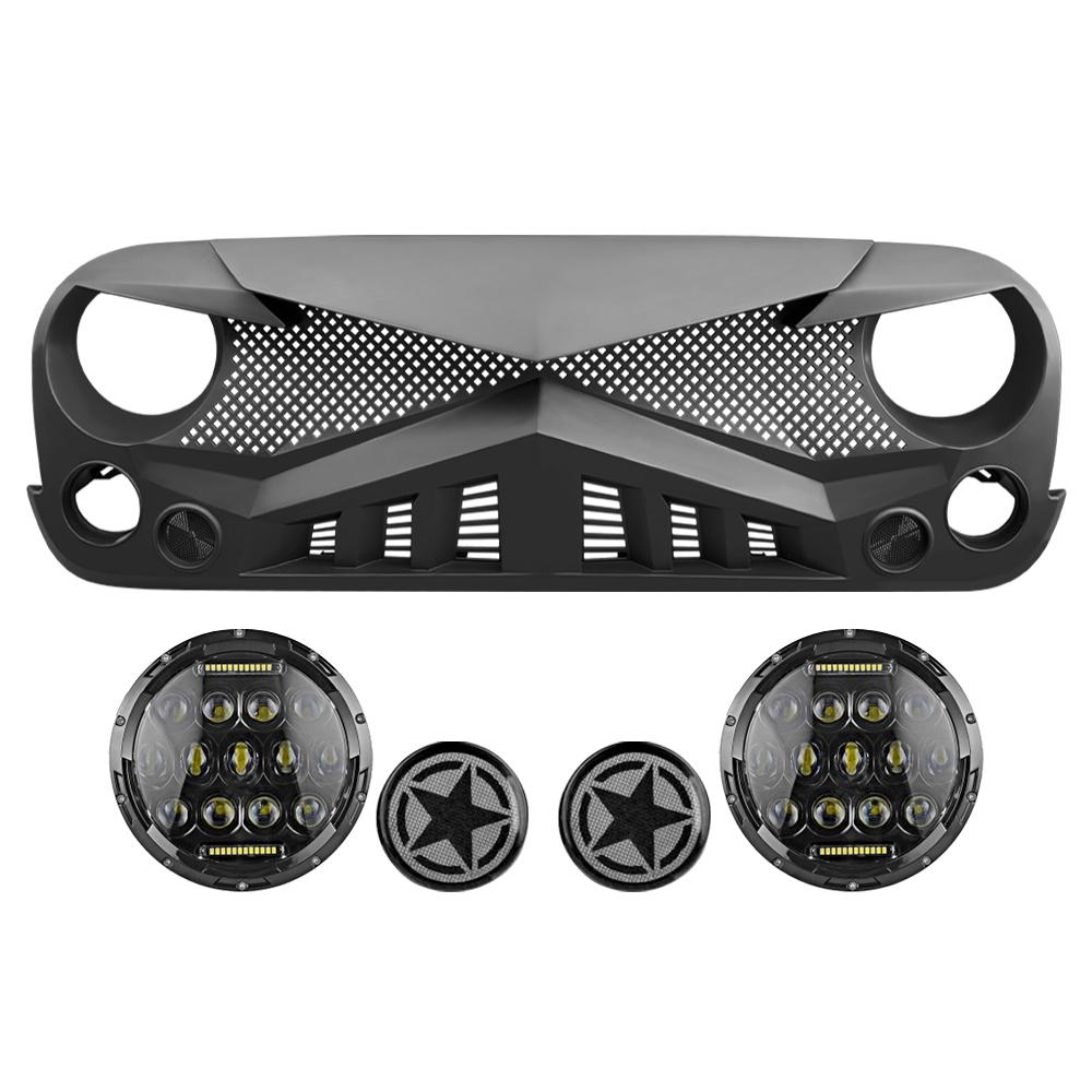 Hawke Grille & Smoked Star Turn Lights & Honeycomb Headlights Combo for 07-18 Wrangler JK