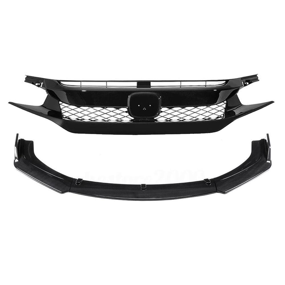 Knife Style Front Lips Chin Spoiler & Type R Style Grille Combo for 16-18 Honda Civic Sedan