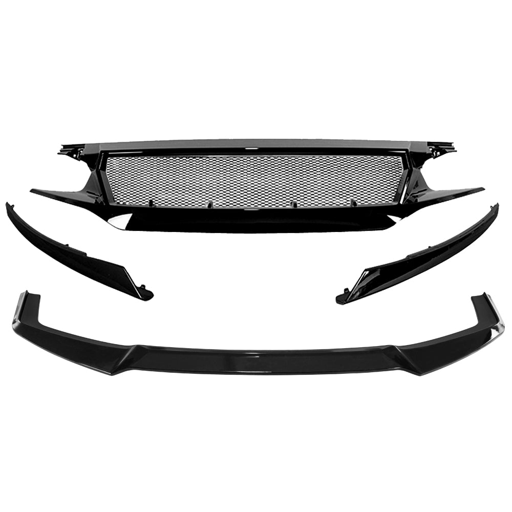 Glossy Black Sports Grille & Front Lip Chin Spoiler Combo for 2016-2020 Honda Civic Hatchback