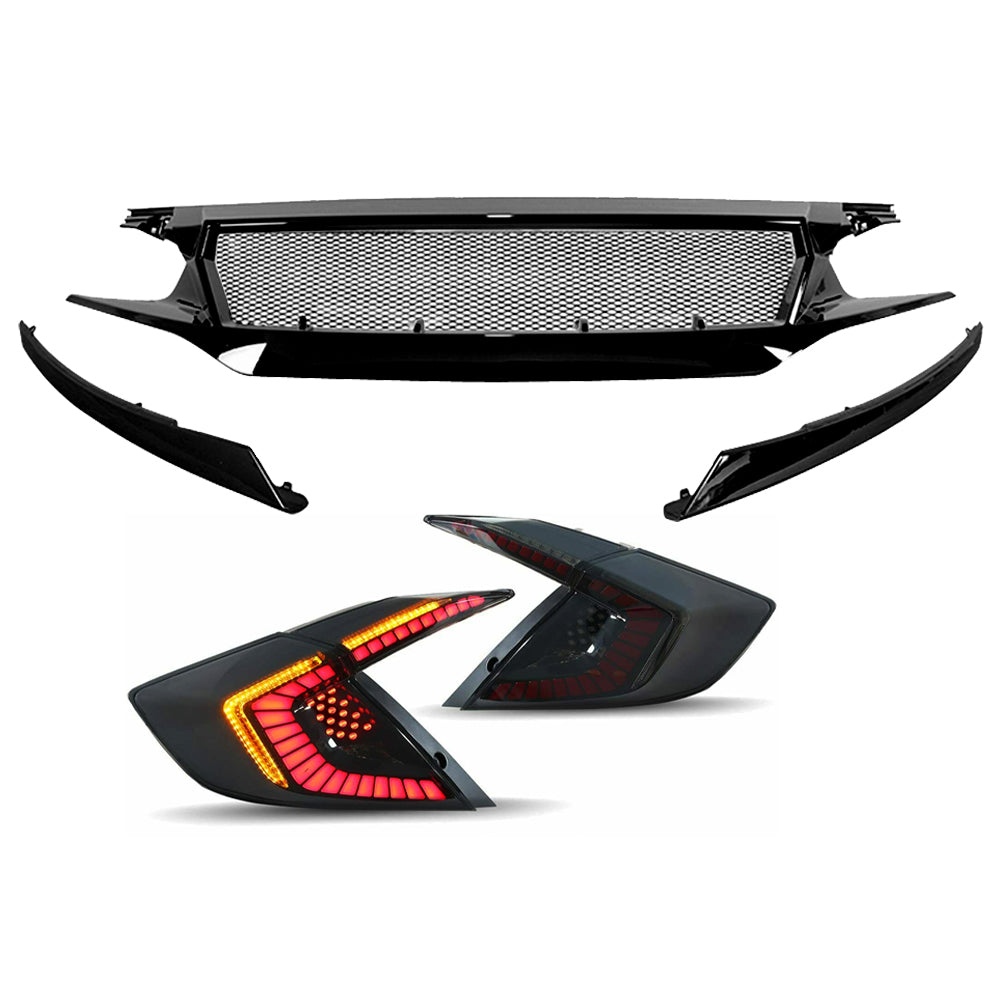 Sports Grille & Smoked Honeycomb LED Tail Lights Combo for 16-20 Honda Civic Sedan