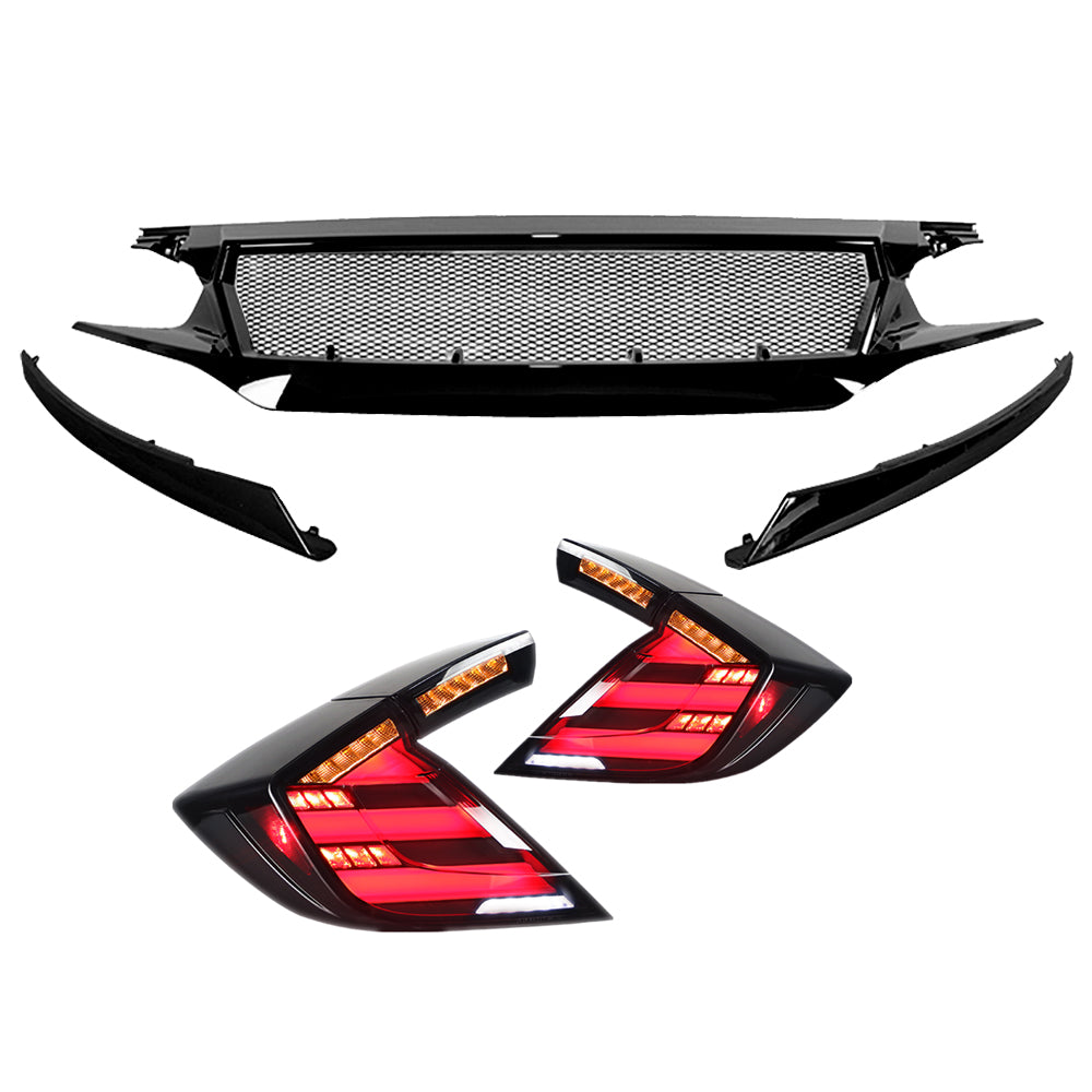 Sports Grille w/ Steel Mesh & LED Sequential Tail Lights For 2017-2021 Honda Civic Hatchback