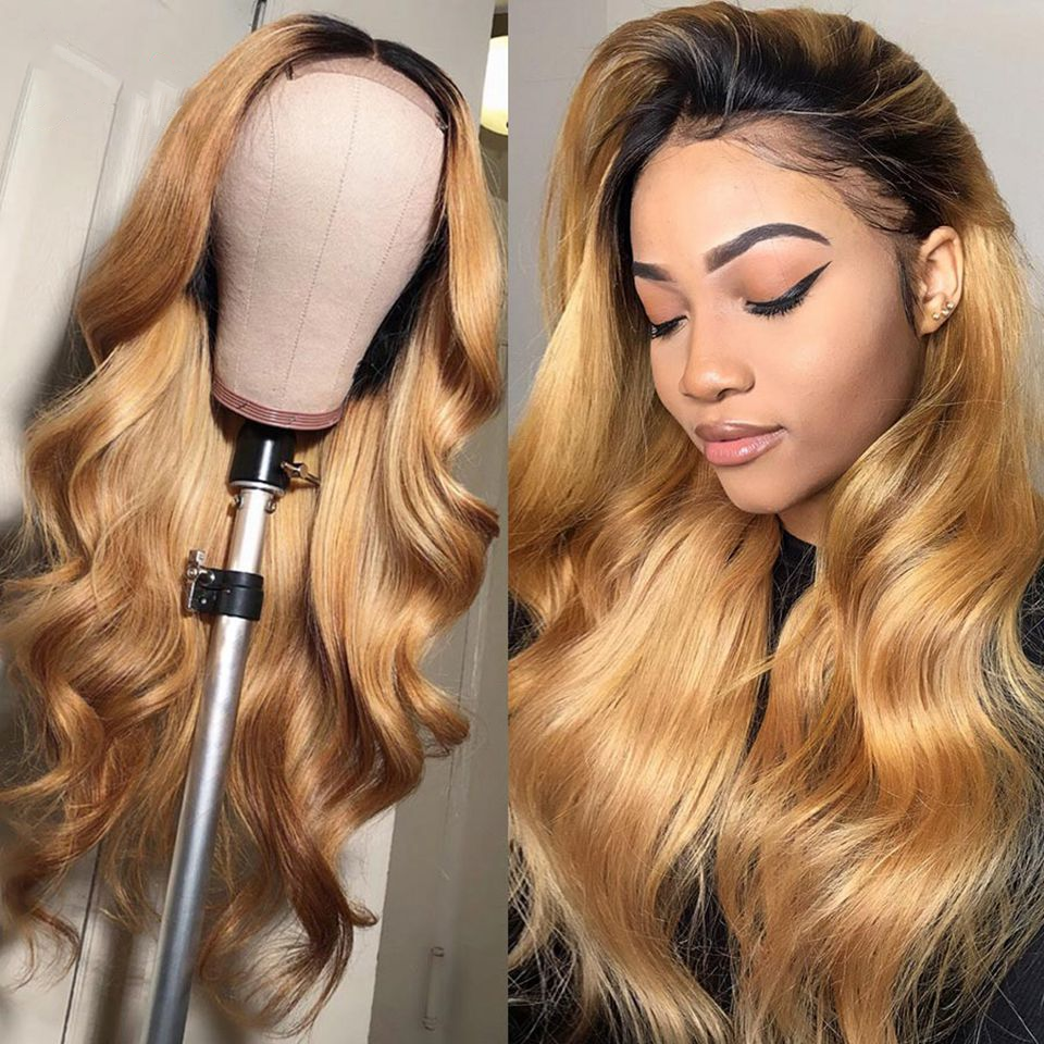 Transparent Lace Ombre #1B/27 Blonde Color Loose Body Wave 13x4 Lace Front Wig BBOB01